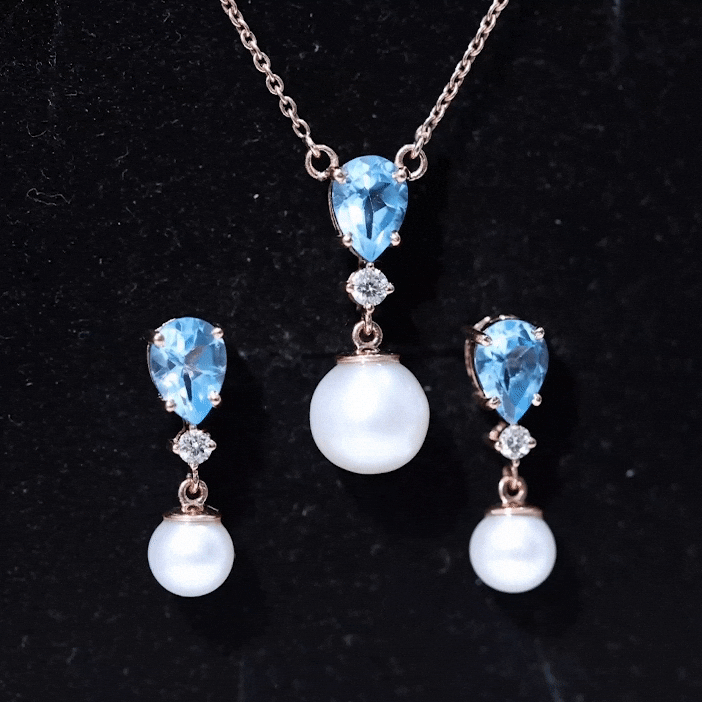 Swiss Blue Topaz and Diamond Jewelry Set with Freshwater Pearl Drop AAA - Rosec Jewels