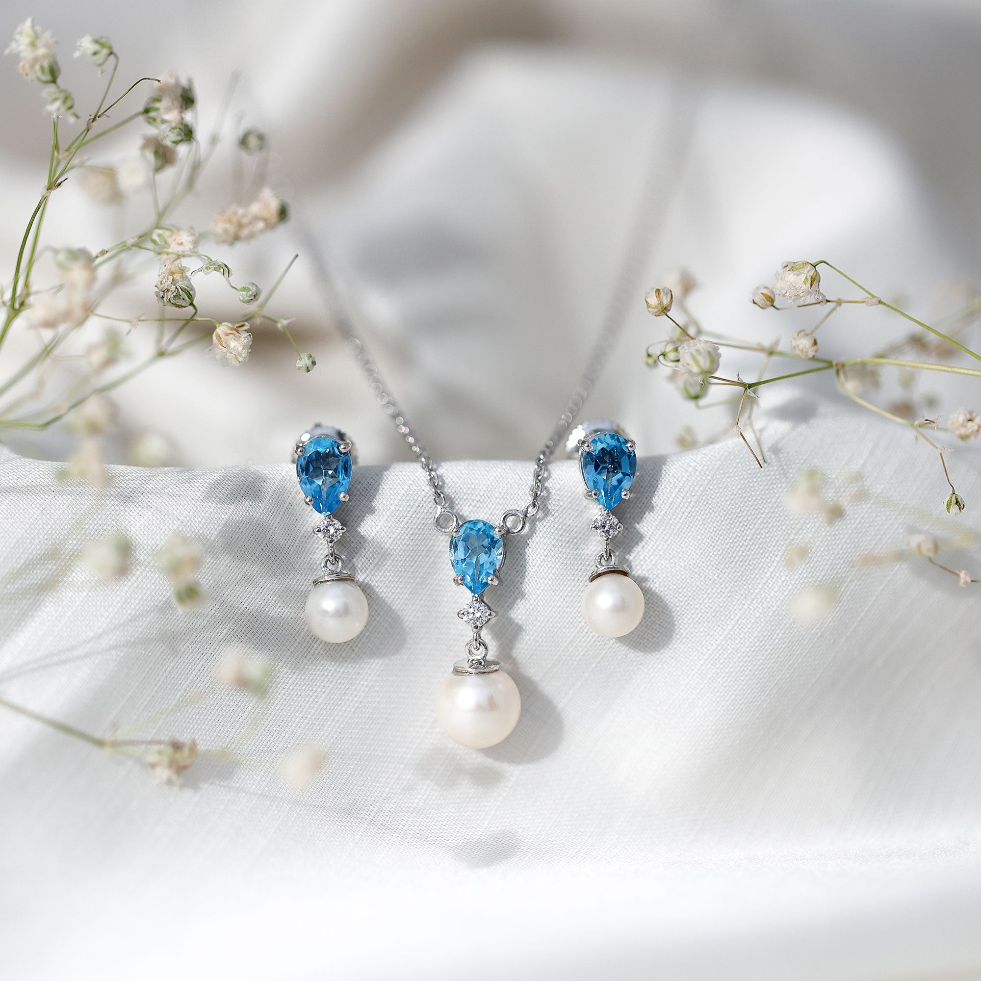 Swiss Blue Topaz and Diamond Jewelry Set with Freshwater Pearl Drop AAA - Rosec Jewels