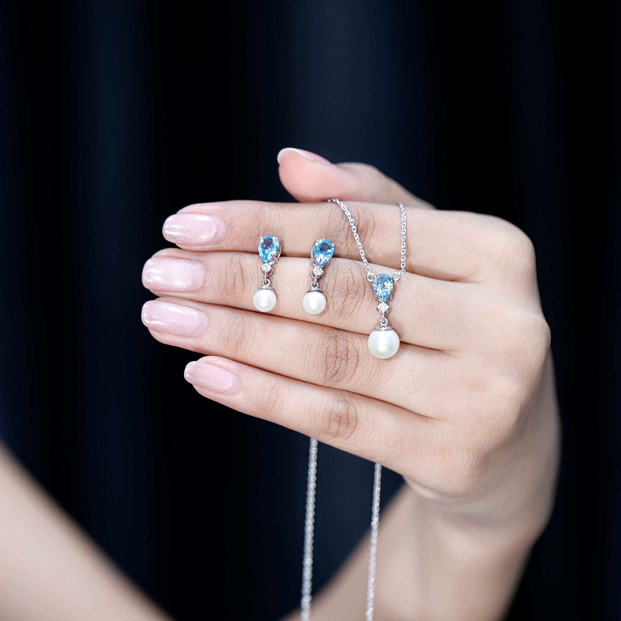 Swiss Blue Topaz and Diamond Jewelry Set with Freshwater Pearl Drop AAA - Rosec Jewels