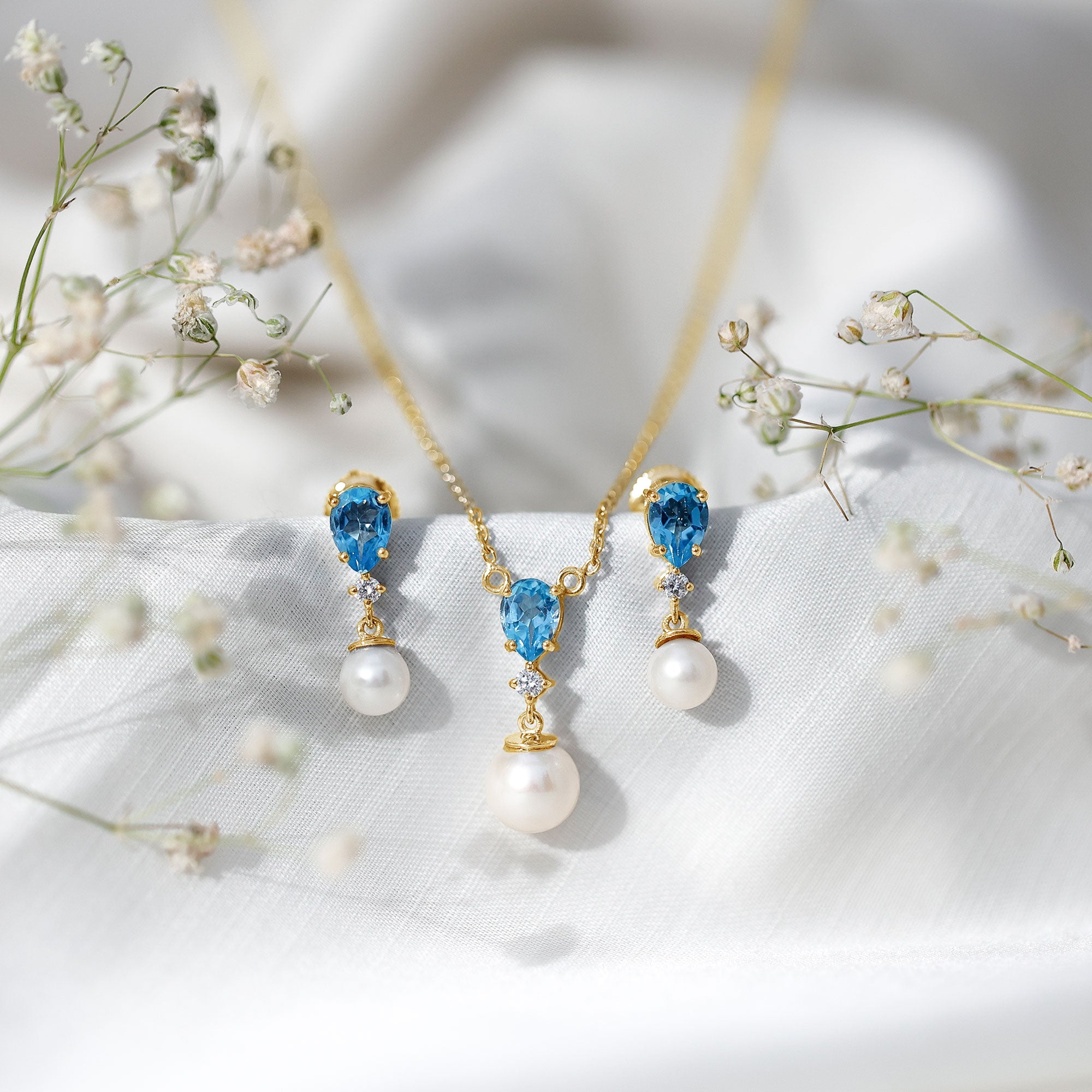Swiss Blue Topaz and Diamond Jewelry Set with Freshwater Pearl Drop AAA - Rosec Jewels