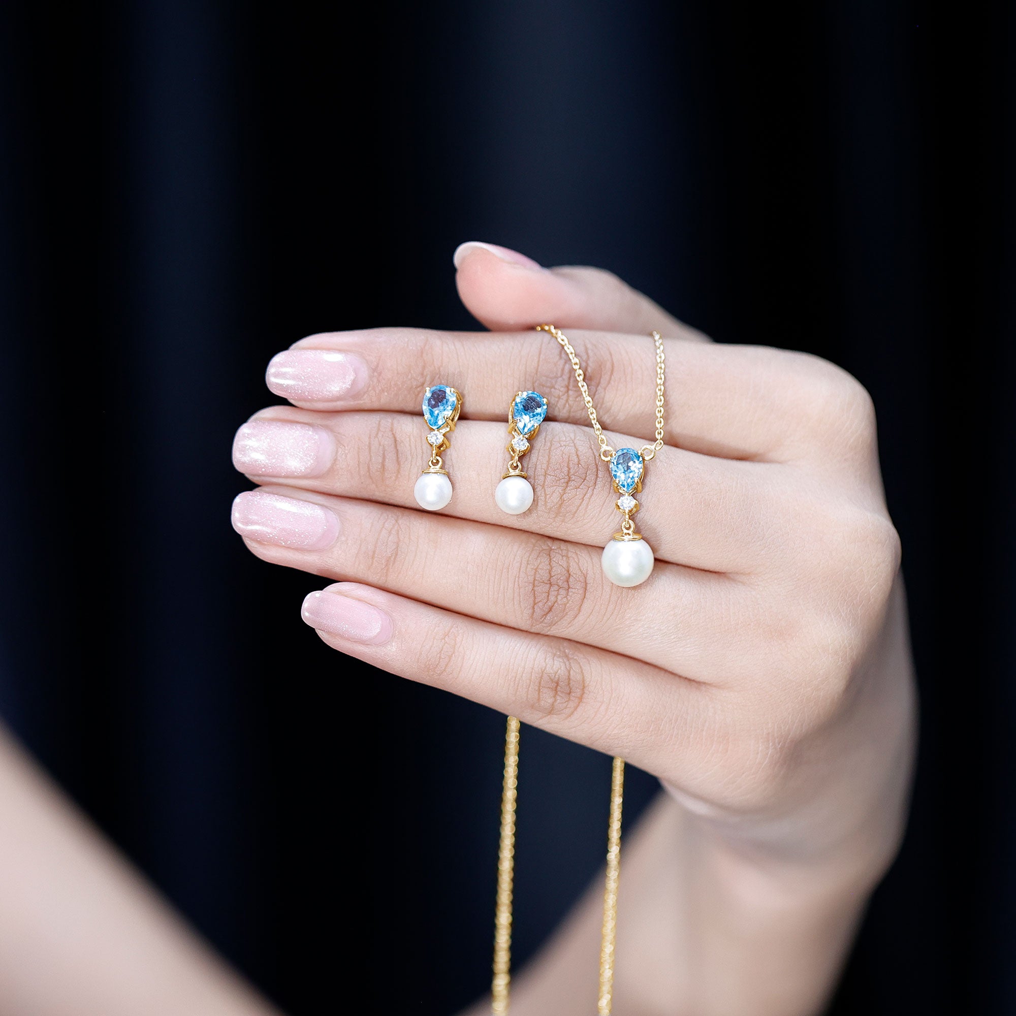 Swiss Blue Topaz and Diamond Jewelry Set with Freshwater Pearl Drop AAA - Rosec Jewels