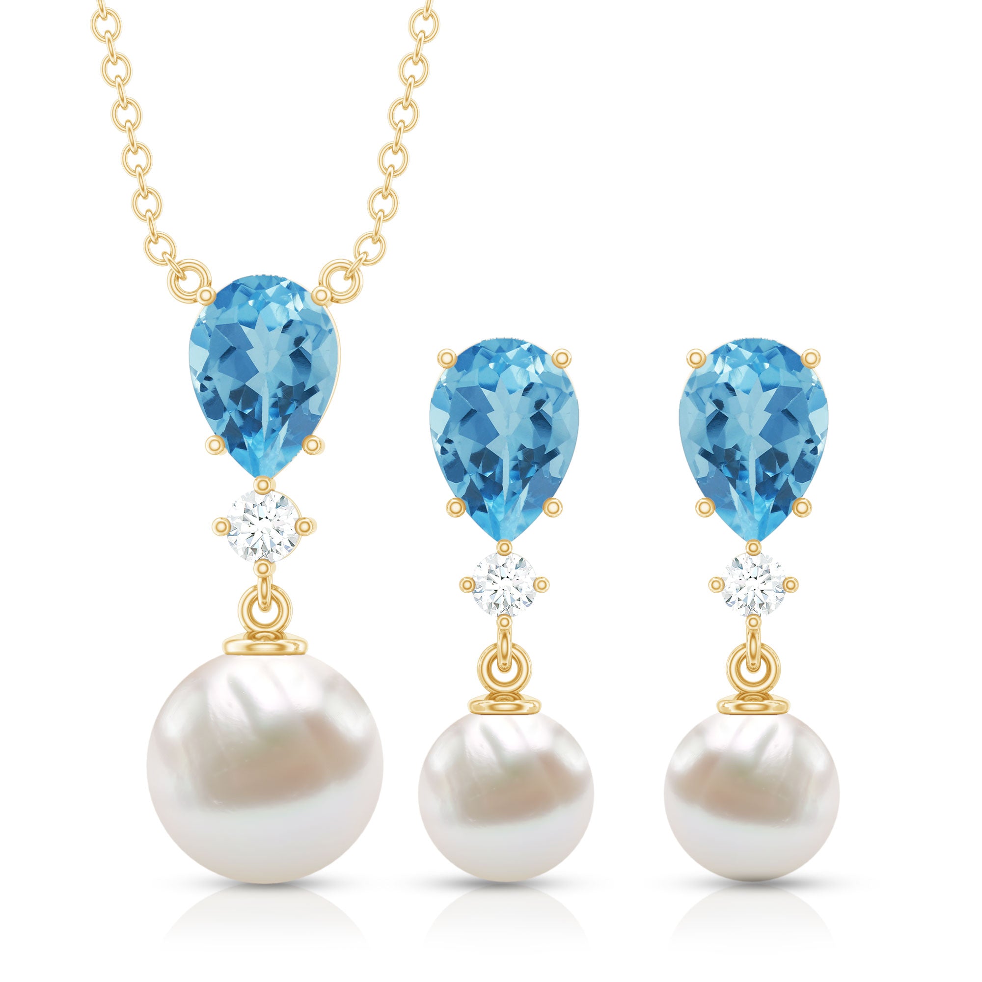 Swiss Blue Topaz and Diamond Jewelry Set with Freshwater Pearl Drop AAA - Rosec Jewels