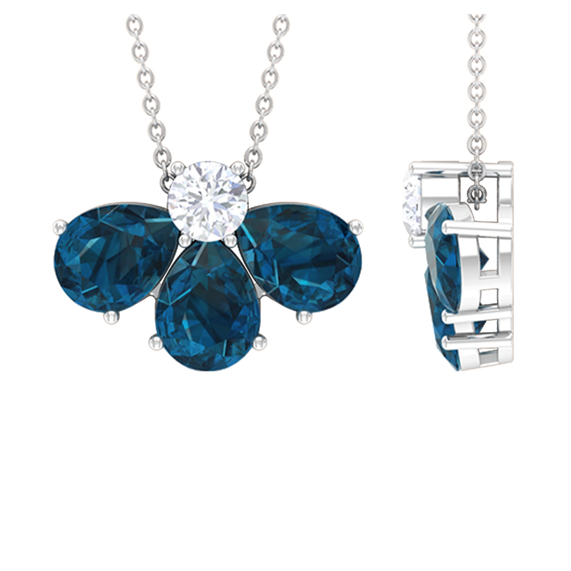 Real 2.37 Carat Pear Cut London Blue Topaz Flower Necklace AAA - Rosec Jewels