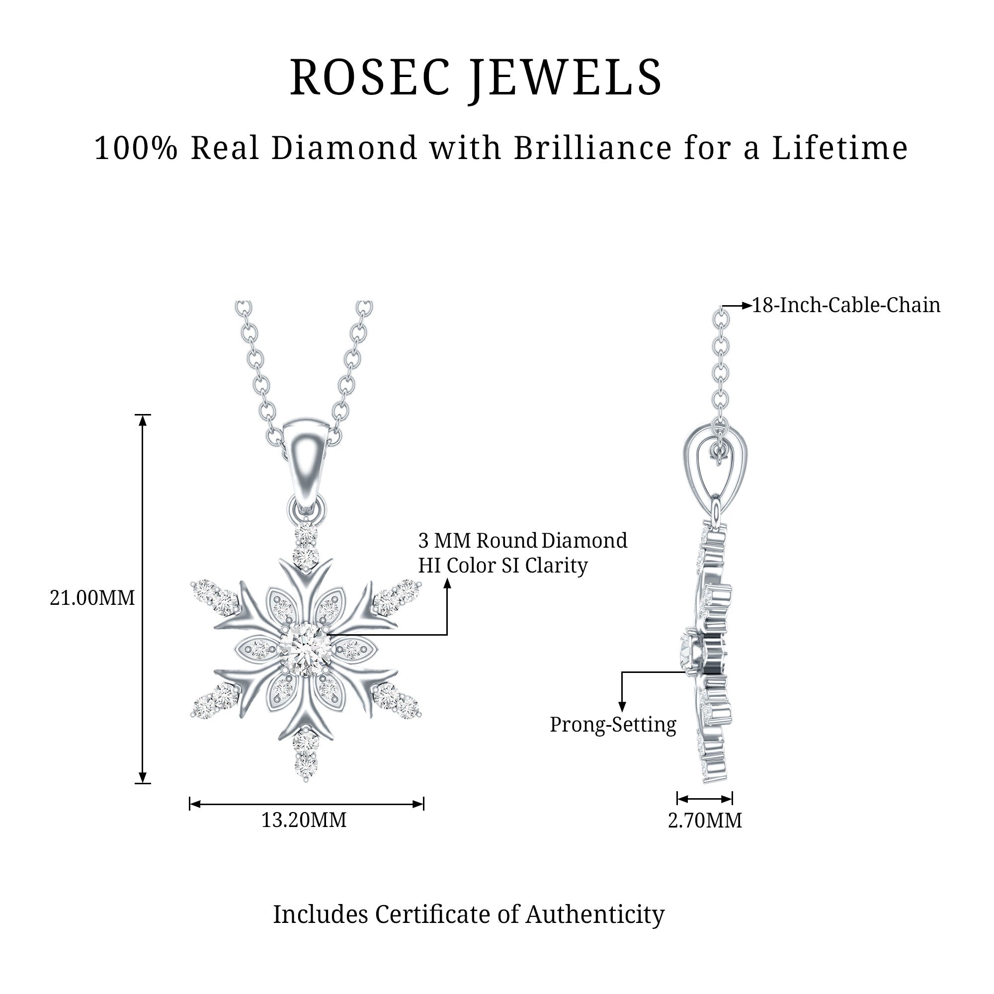 Certified Diamond Snowflake Christmas Necklace Natural - ( HI-SI ) - Rosec Jewels