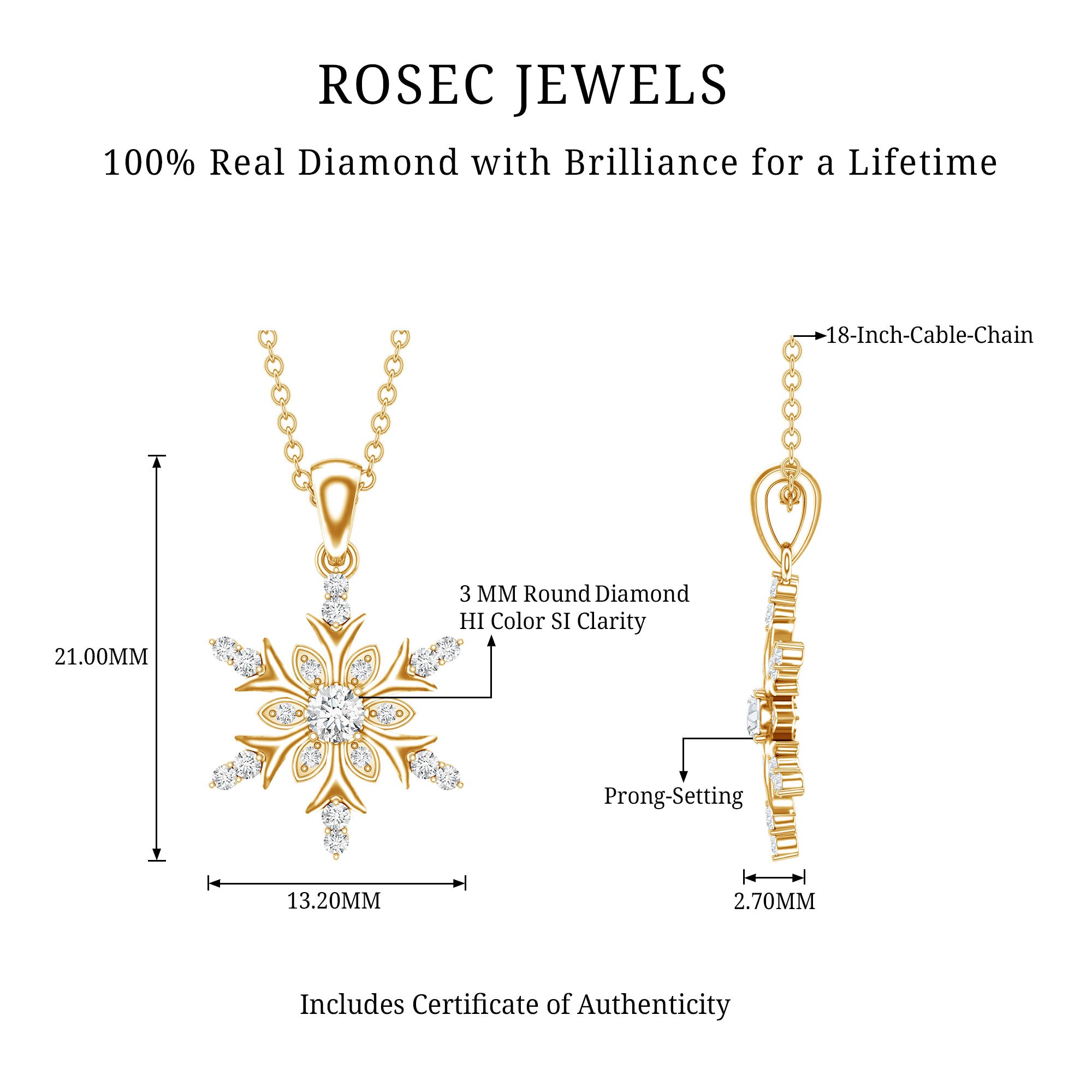Certified Diamond Snowflake Christmas Necklace Natural - ( HI-SI ) - Rosec Jewels