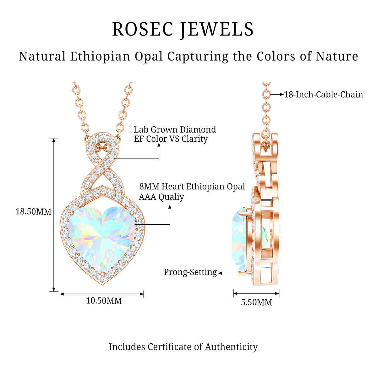 2 Carat Heart Shape Ethiopian Opal Infinity Pendant with Diamond AAA - Rosec Jewels