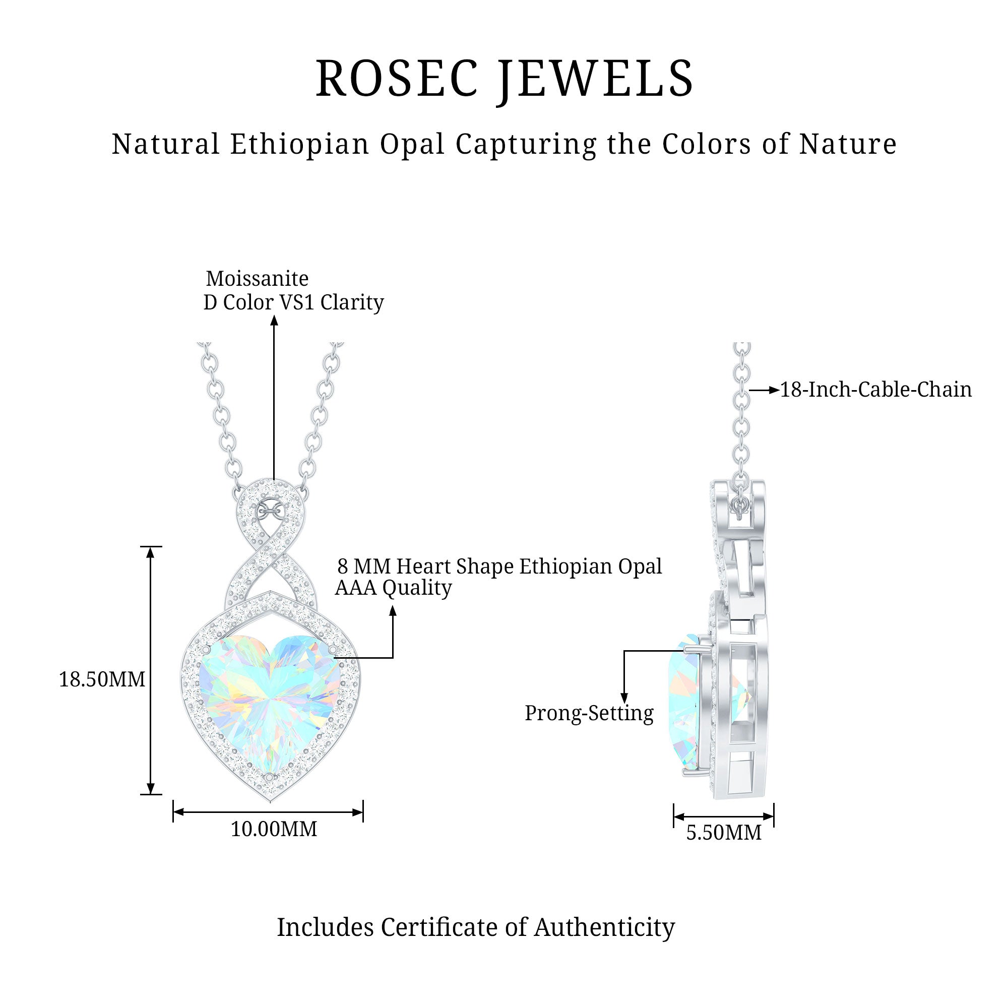 2 Carat Heart Shape Ethiopian Opal Infinity Pendant with Diamond AAA - Rosec Jewels