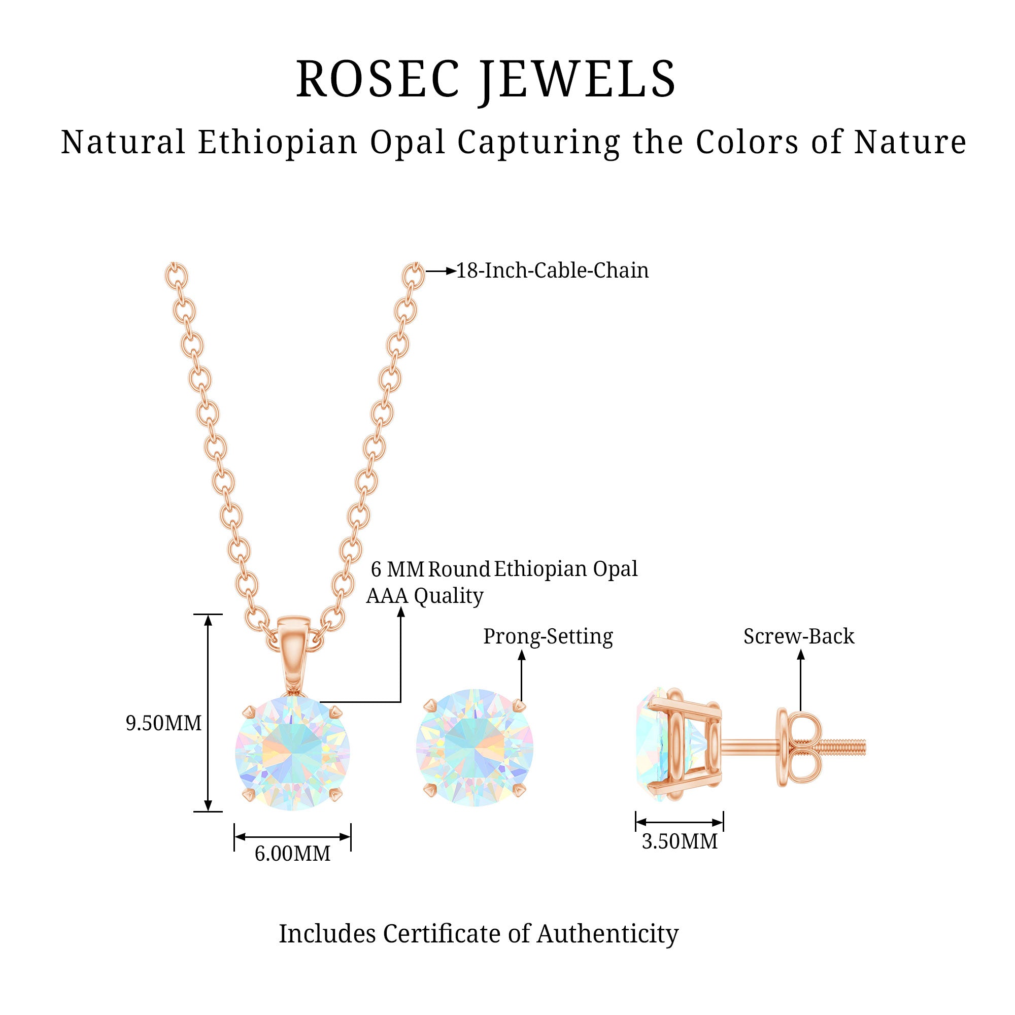 6MM Round Cut Ethiopian Opal Solitaire Jewelry Set AAA - Rosec Jewels
