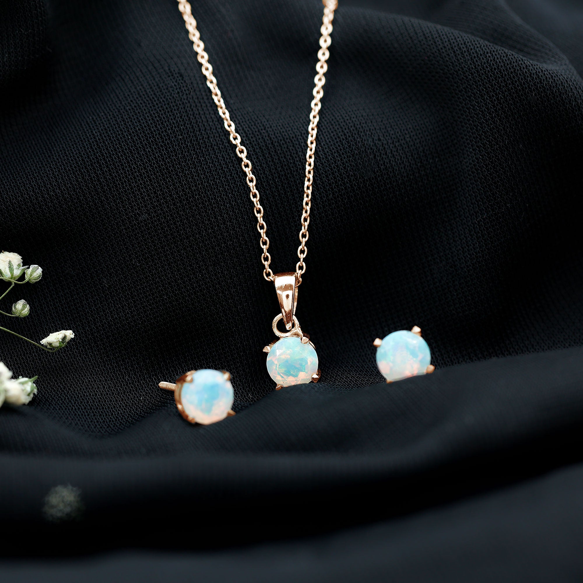 6MM Round Cut Ethiopian Opal Solitaire Jewelry Set AAA - Rosec Jewels