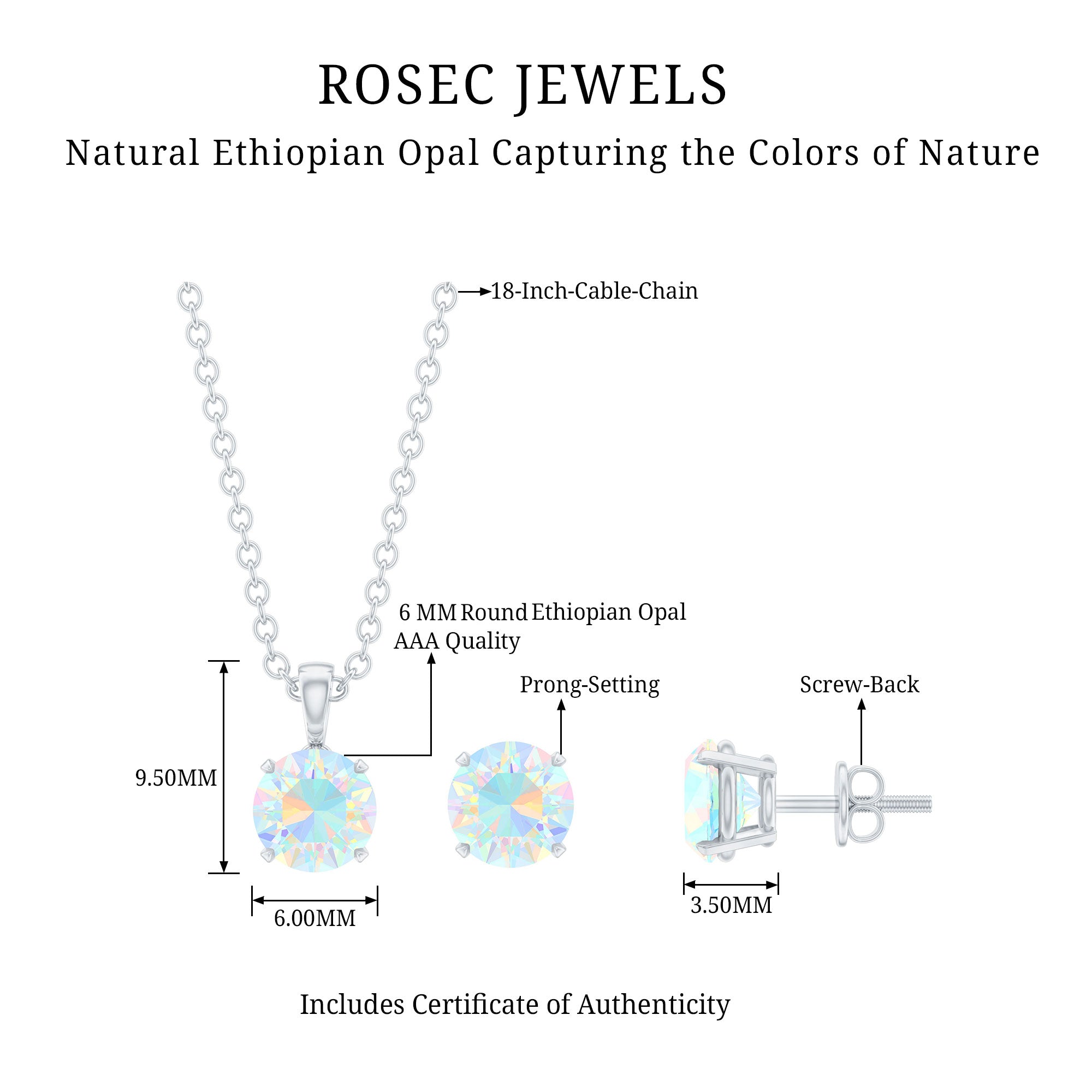 6MM Round Cut Ethiopian Opal Solitaire Jewelry Set AAA - Rosec Jewels