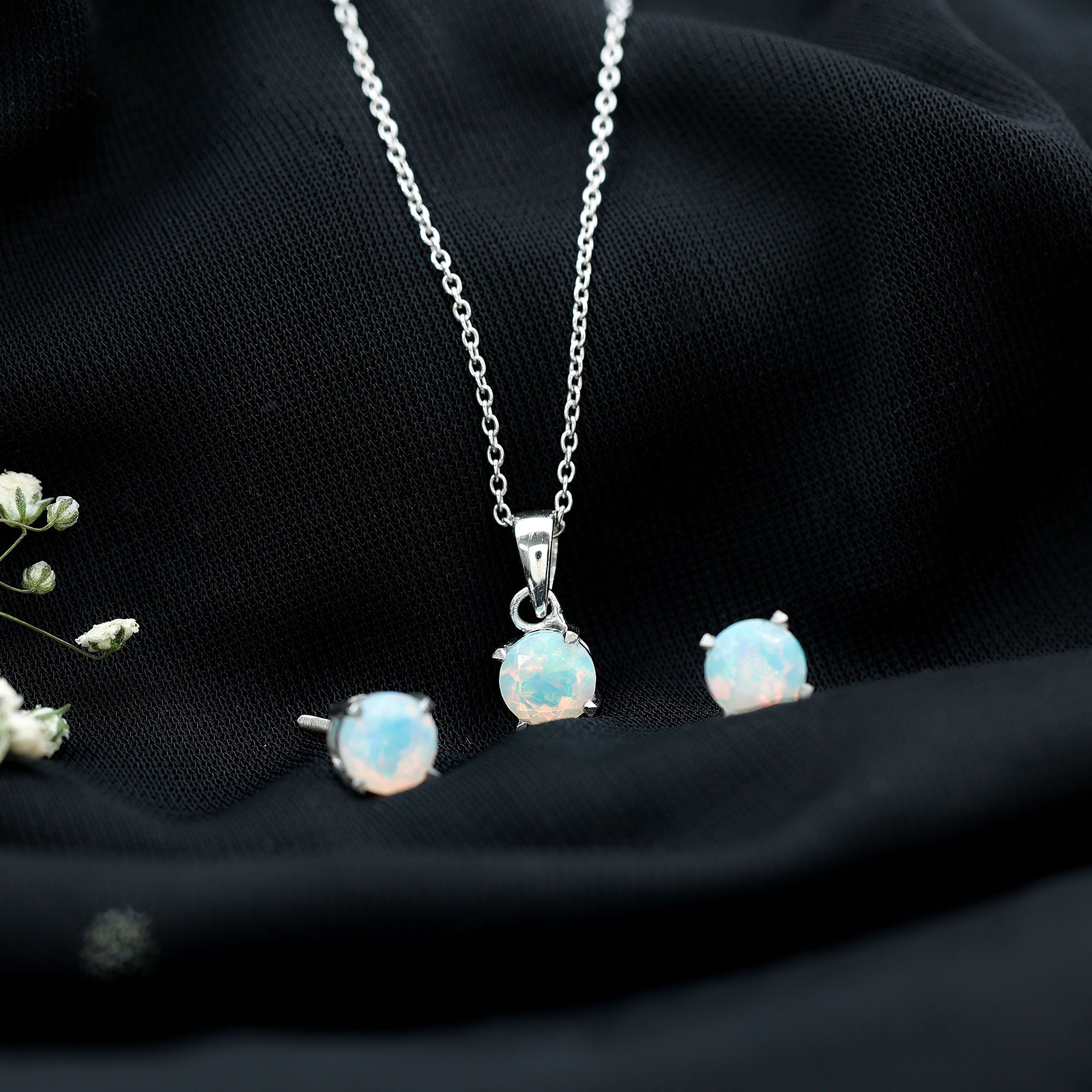 6MM Round Cut Ethiopian Opal Solitaire Jewelry Set AAA - Rosec Jewels