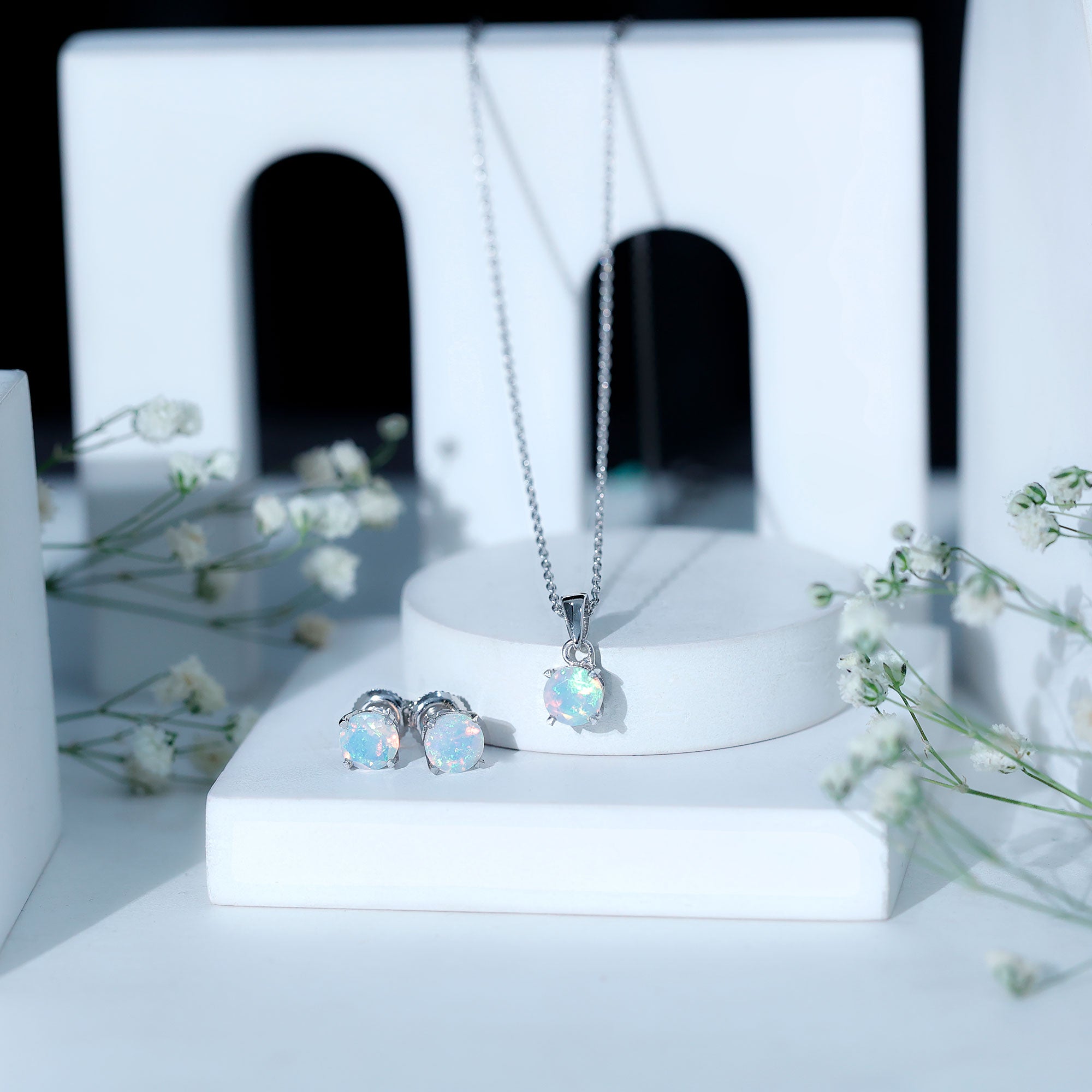 6MM Round Cut Ethiopian Opal Solitaire Jewelry Set AAA - Rosec Jewels