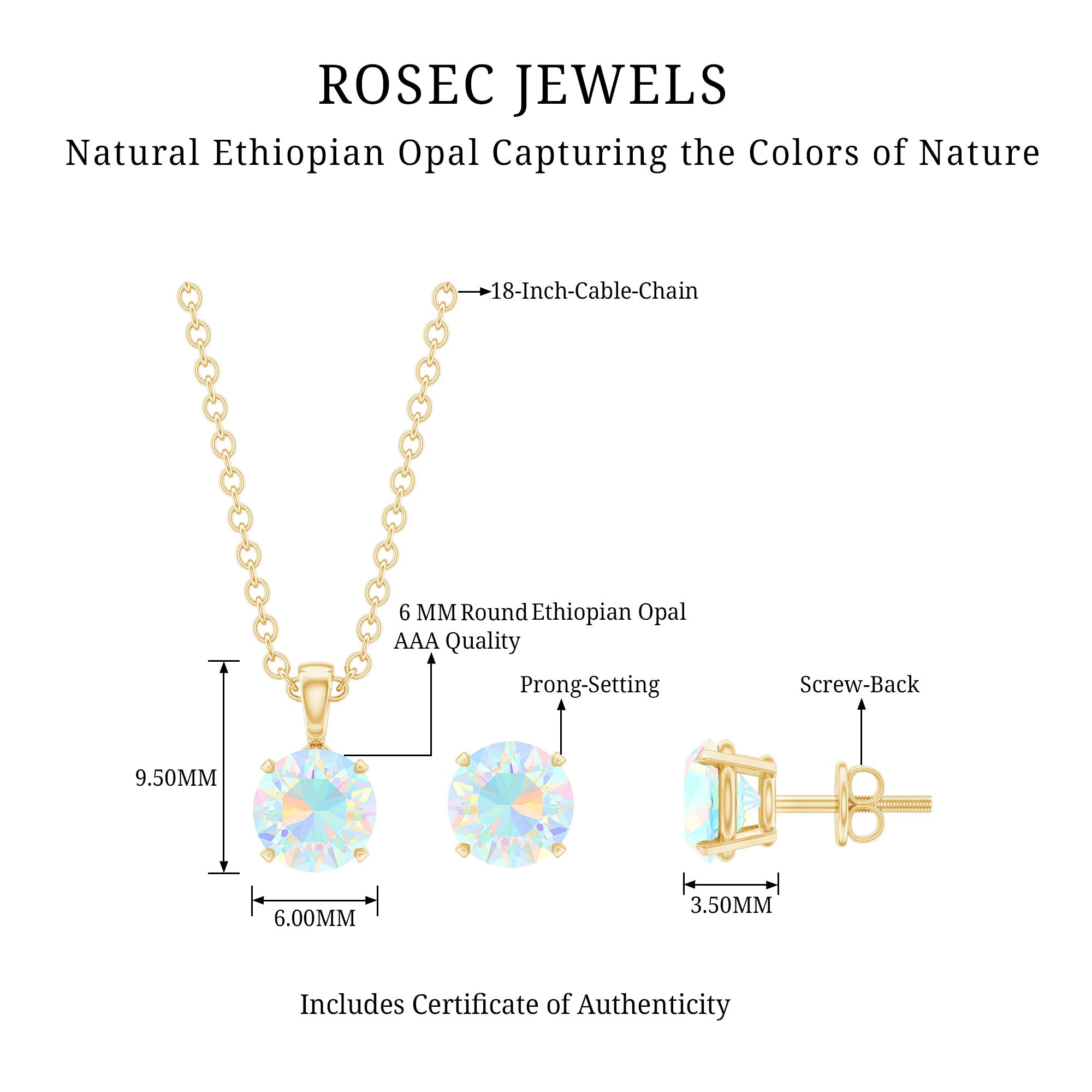 6MM Round Cut Ethiopian Opal Solitaire Jewelry Set AAA - Rosec Jewels