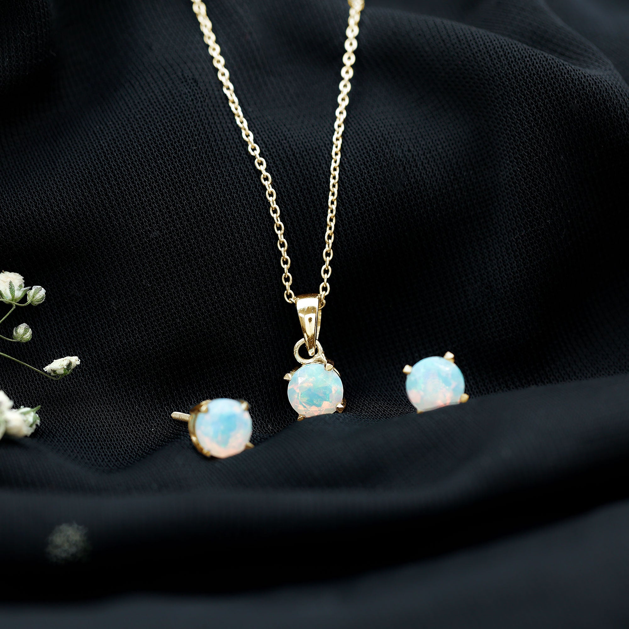 6MM Round Cut Ethiopian Opal Solitaire Jewelry Set AAA - Rosec Jewels