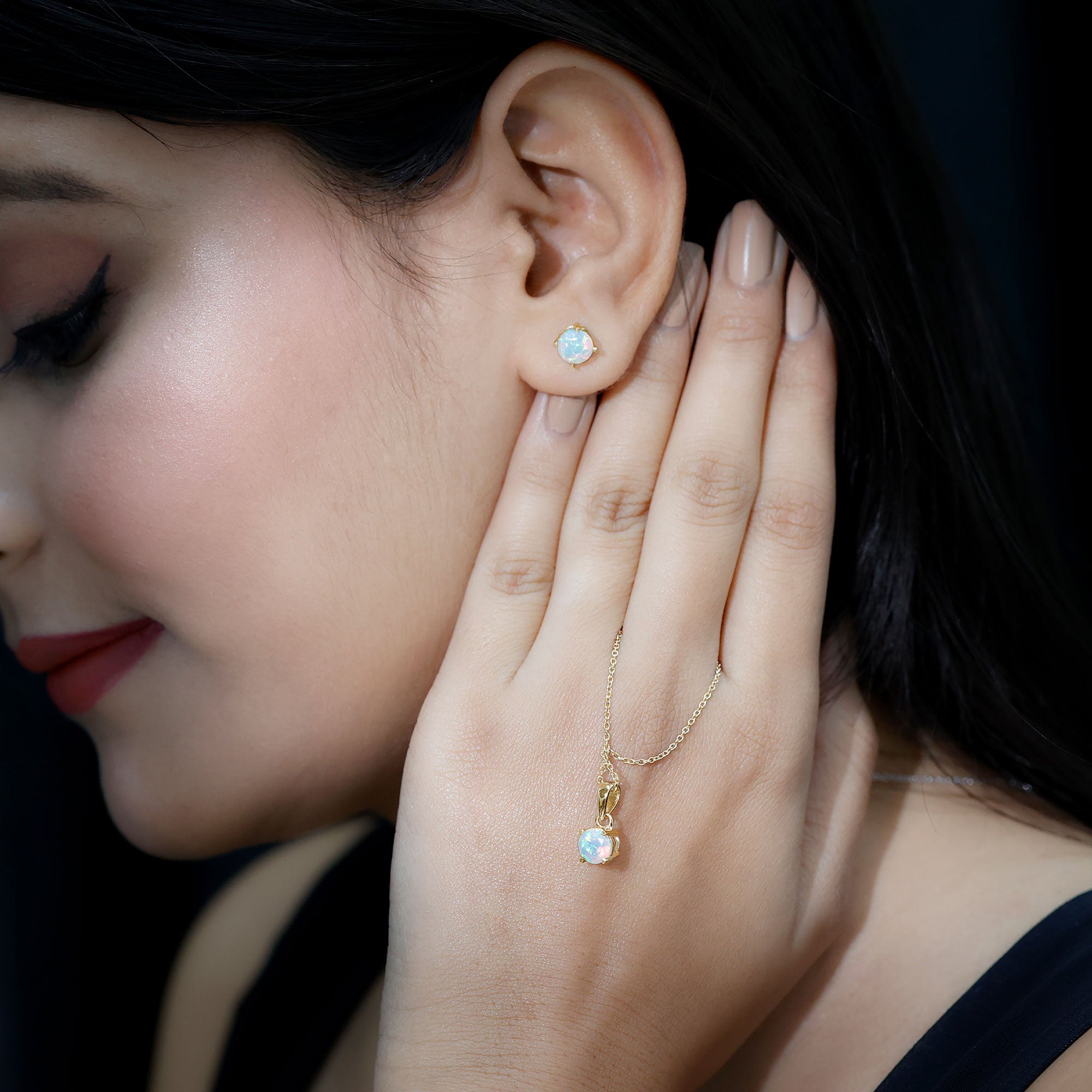 6MM Round Cut Ethiopian Opal Solitaire Jewelry Set AAA - Rosec Jewels