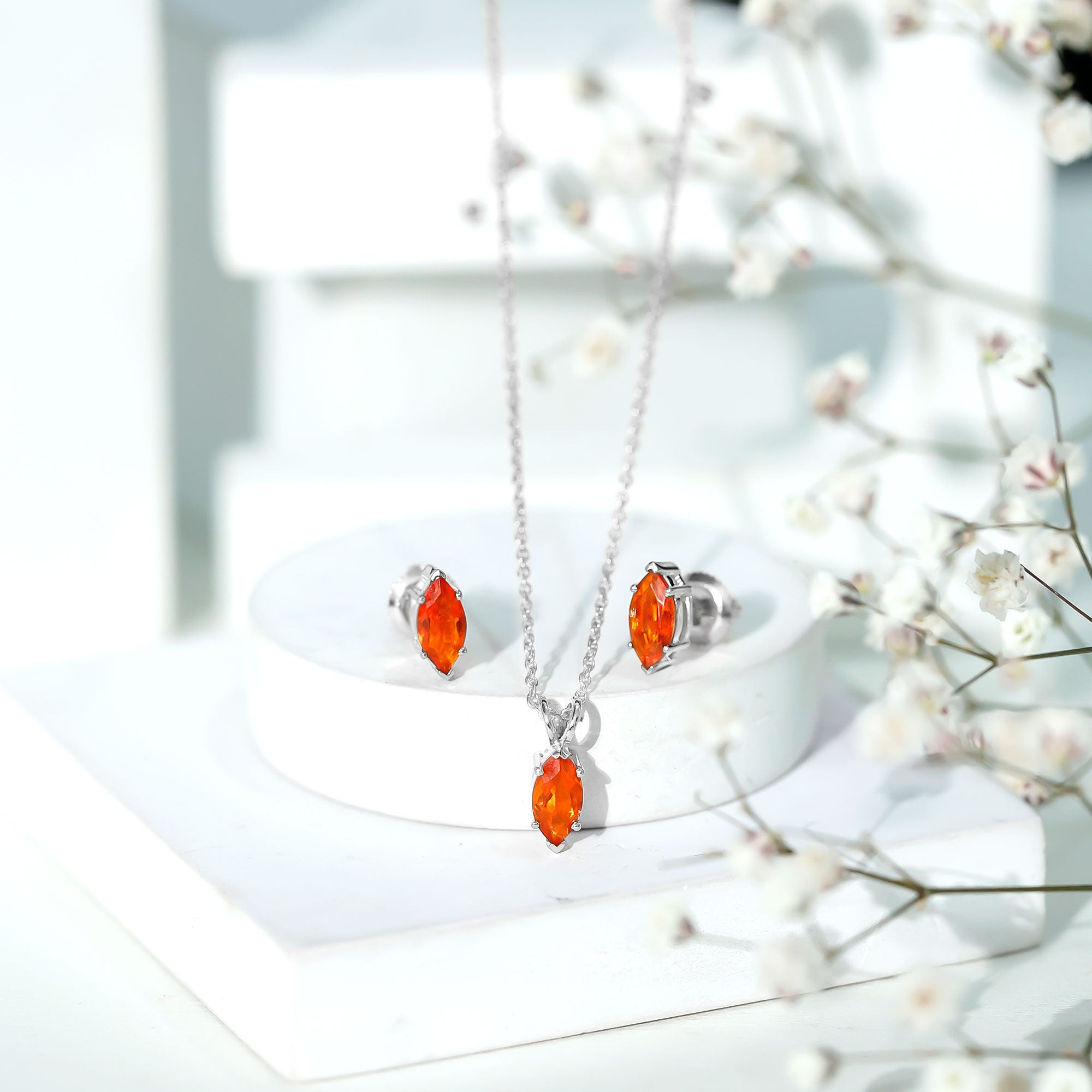 Genuine Marquise Cut Fire Opal Solitaire Necklace and Earring Set AAA - Rosec Jewels