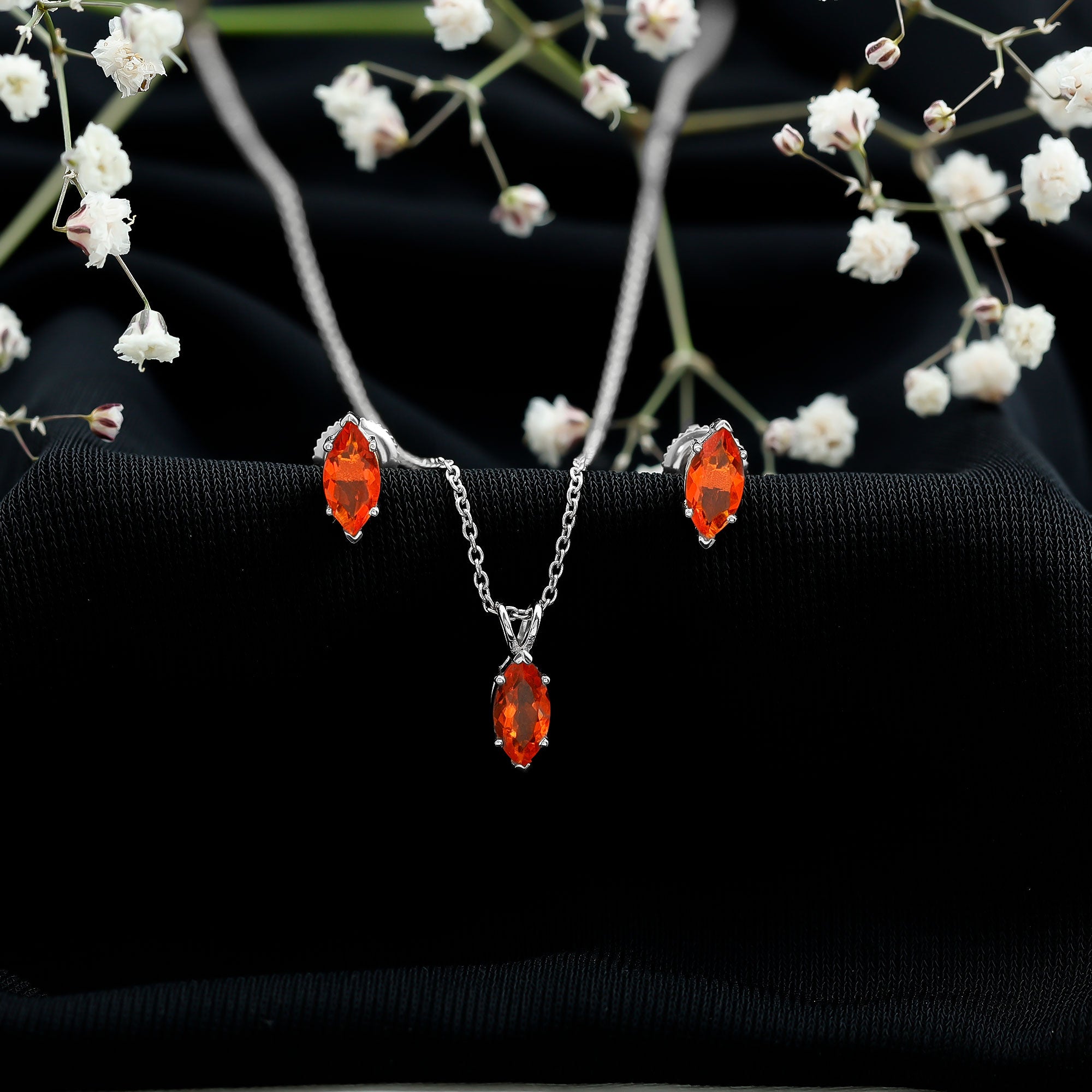 Genuine Marquise Cut Fire Opal Solitaire Necklace and Earring Set AAA - Rosec Jewels