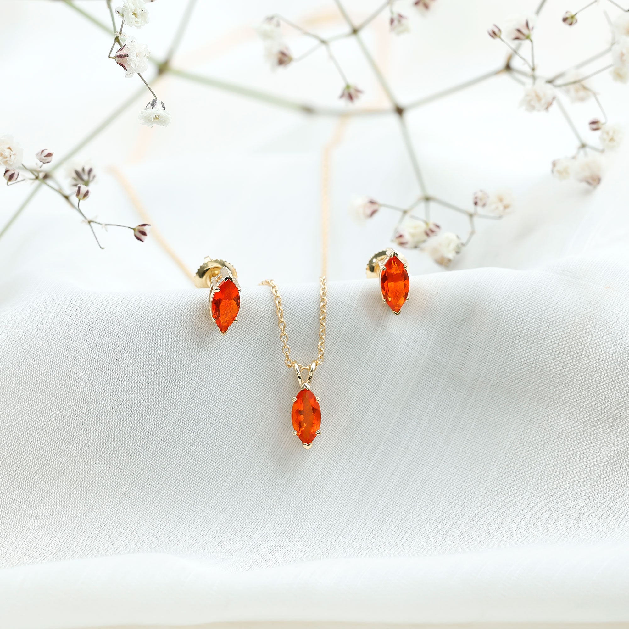 Genuine Marquise Cut Fire Opal Solitaire Necklace and Earring Set AAA - Rosec Jewels