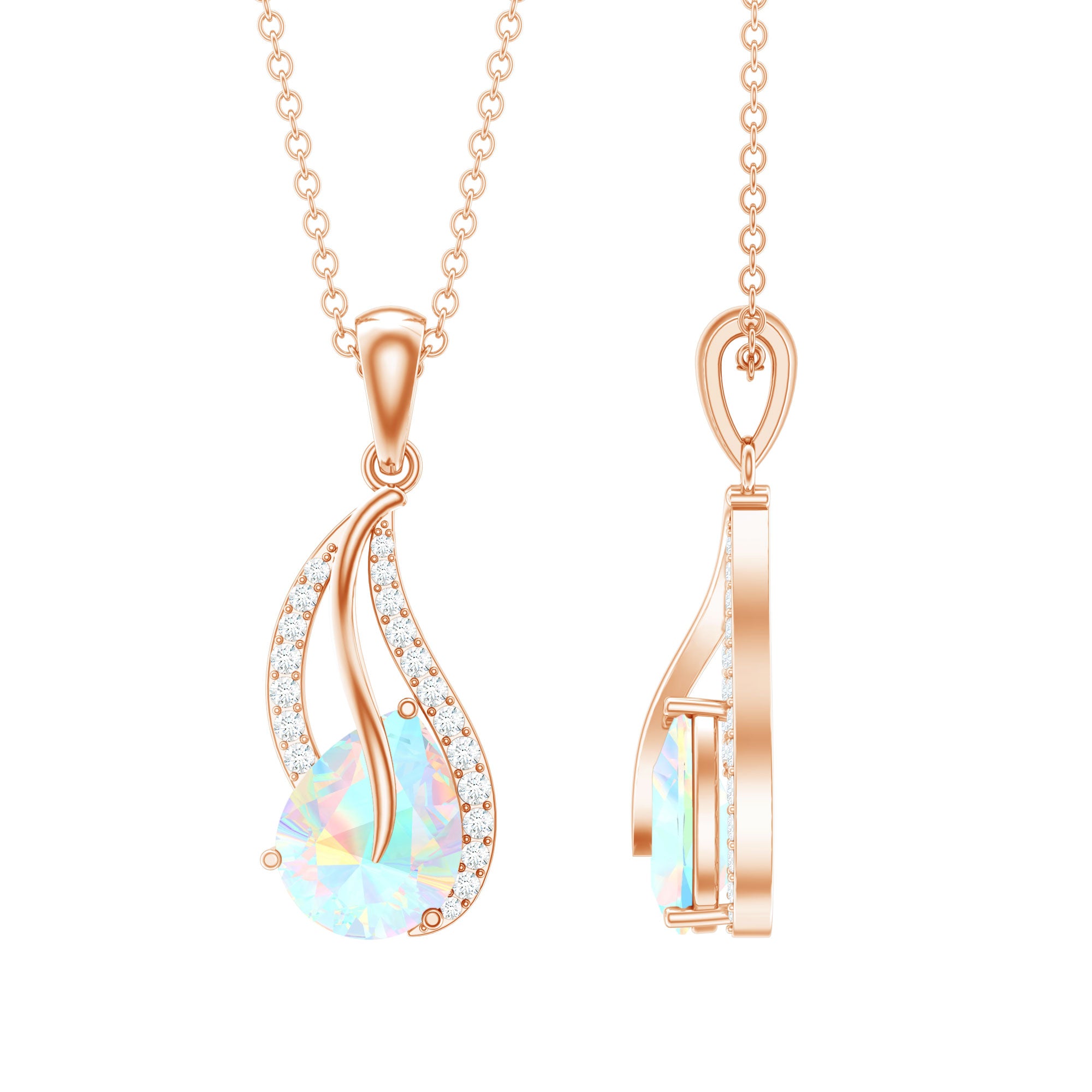 2 Carat Pear Shaped Ethiopian Opal and Diamond Leaf Pendant AAA - Rosec Jewels