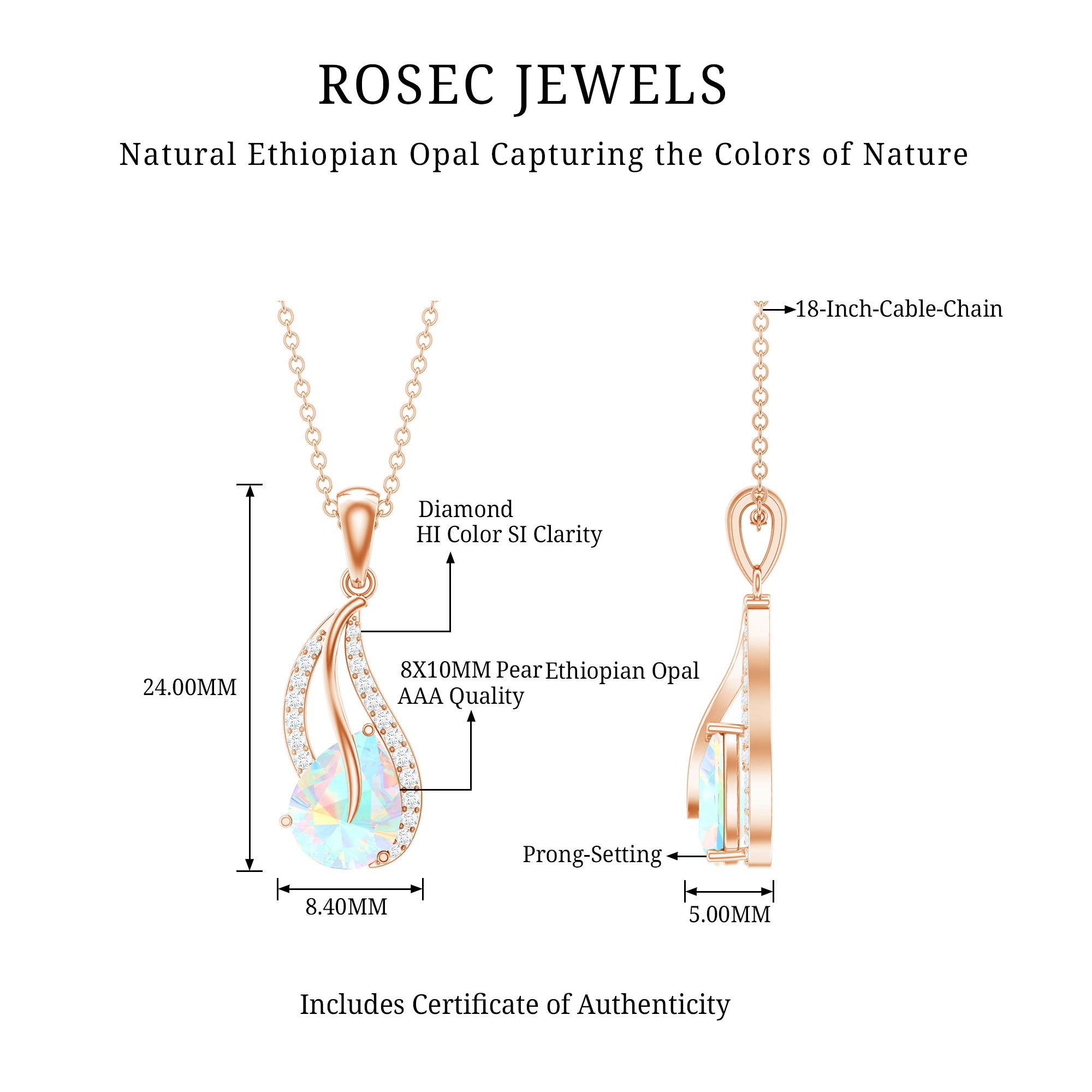 2 Carat Pear Shaped Ethiopian Opal and Diamond Leaf Pendant AAA - Rosec Jewels