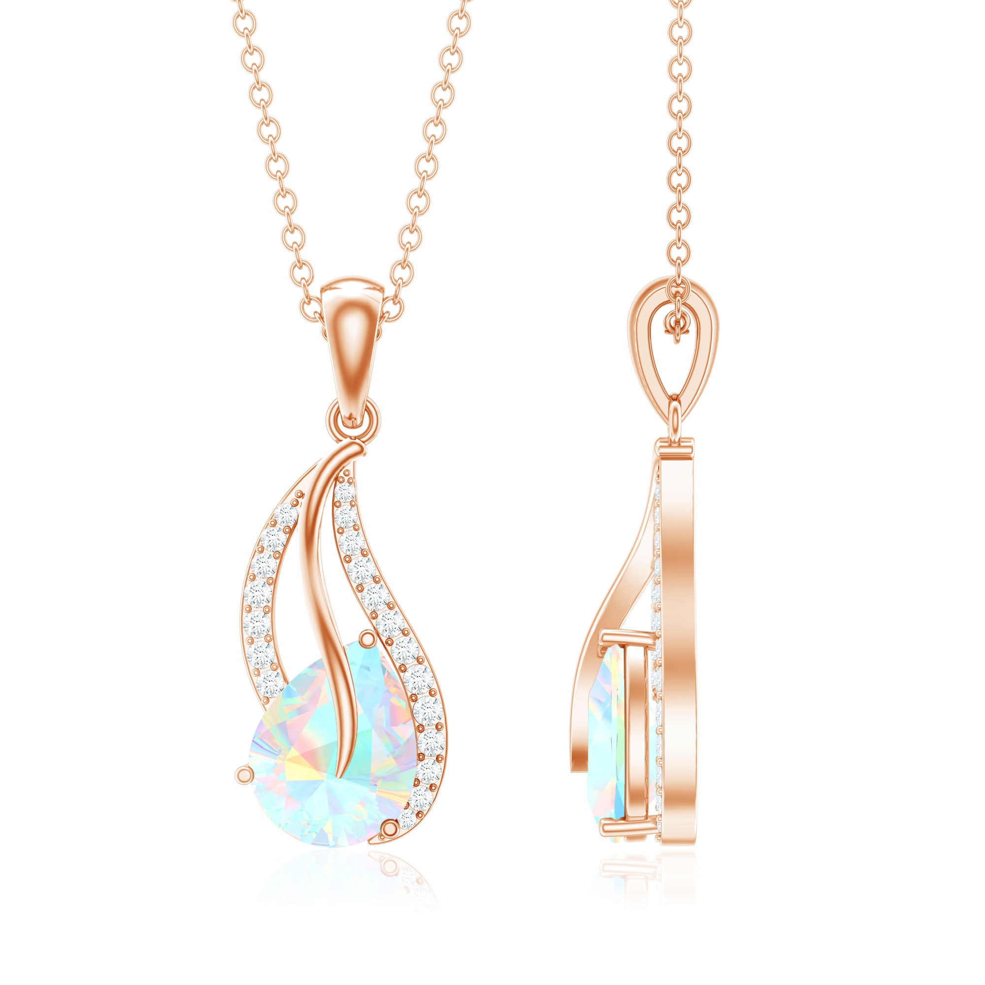 2 Carat Pear Shaped Ethiopian Opal and Diamond Leaf Pendant AAA - Rosec Jewels