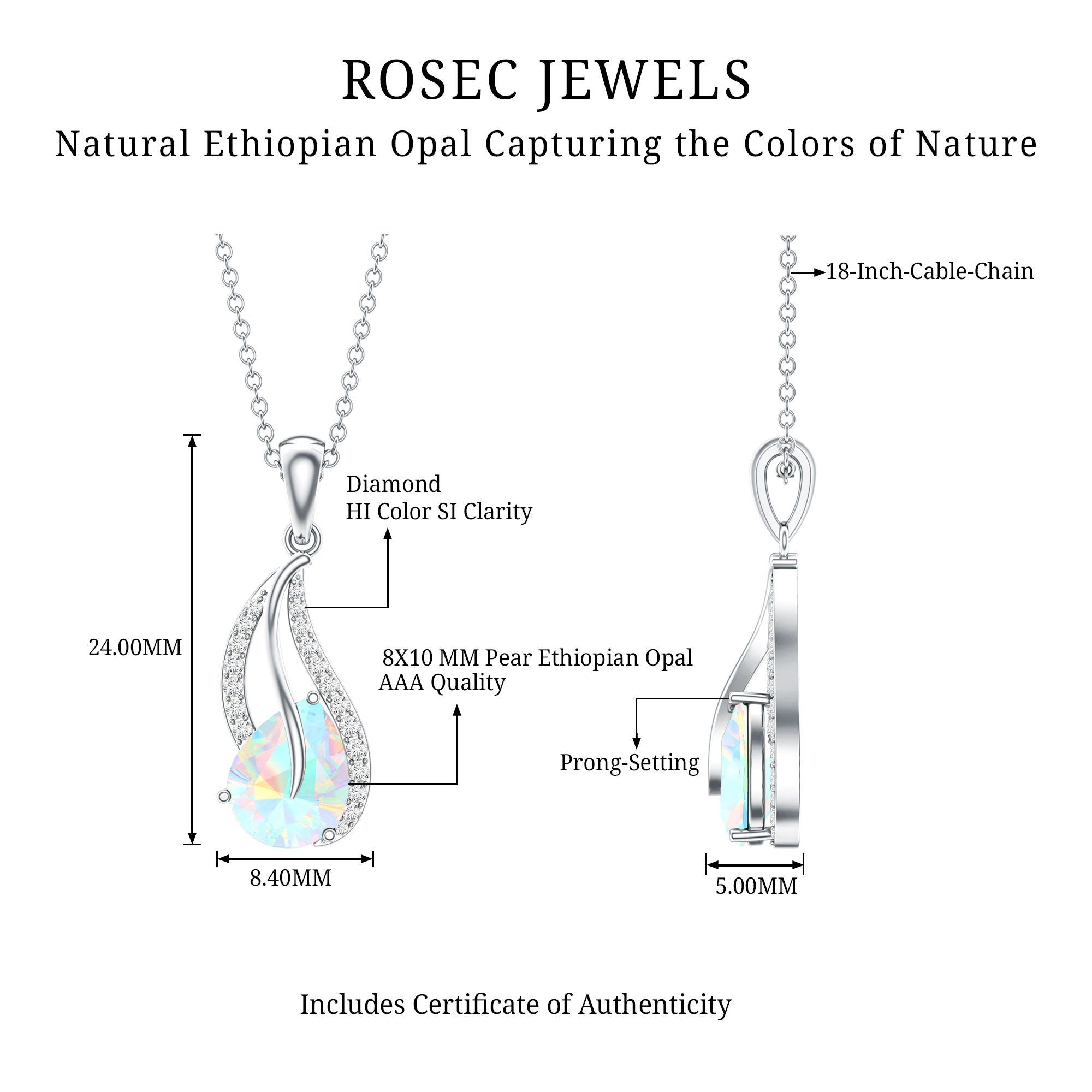 2 Carat Pear Shaped Ethiopian Opal and Diamond Leaf Pendant AAA - Rosec Jewels