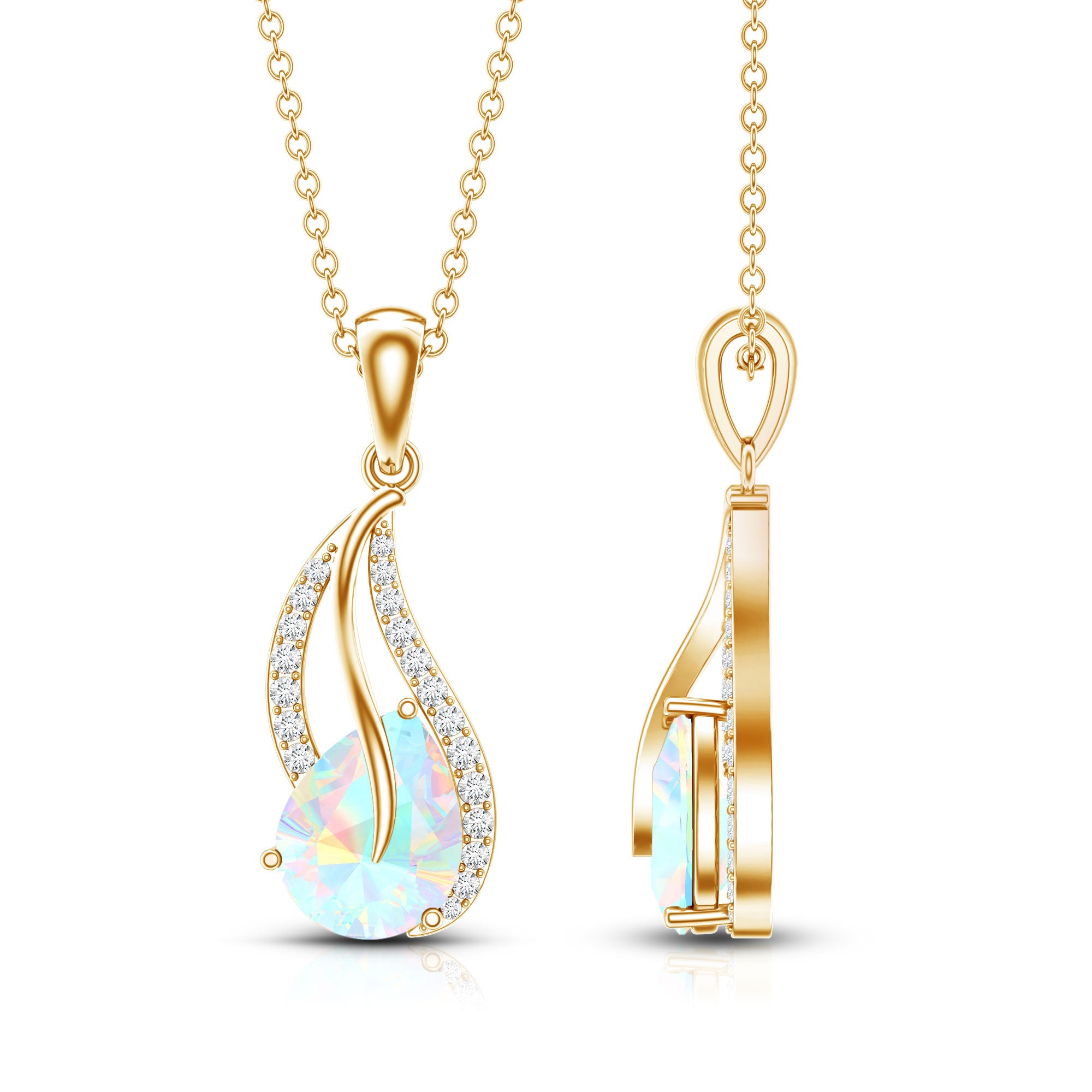 2 Carat Pear Shaped Ethiopian Opal and Diamond Leaf Pendant AAA - Rosec Jewels