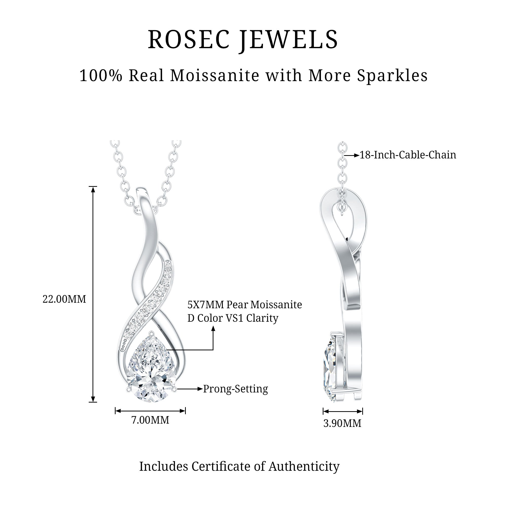Certified Pear Shape Moissanite Infinity Pendant for Women D-VS1 - Rosec Jewels