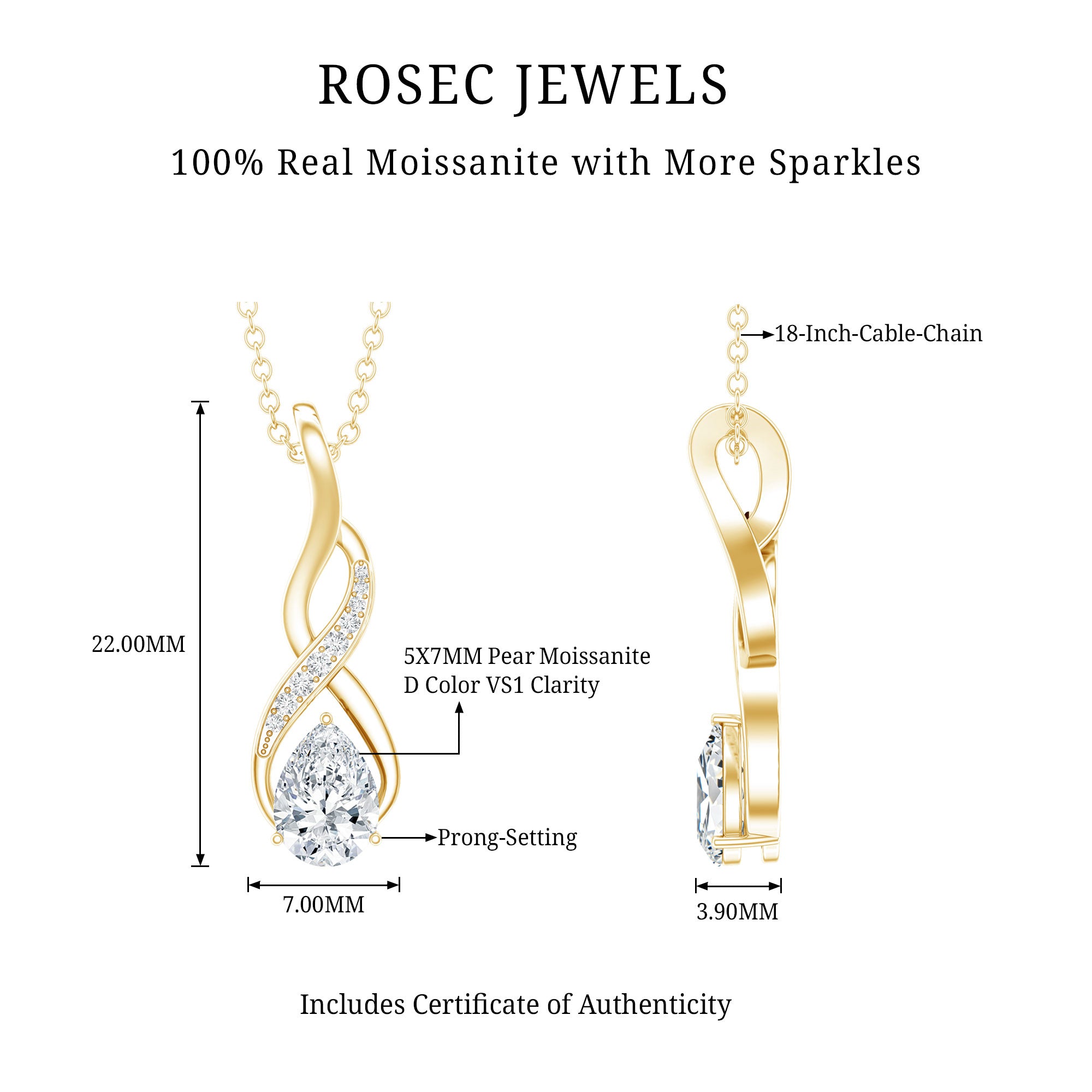 Certified Pear Shape Moissanite Infinity Pendant for Women D-VS1 - Rosec Jewels