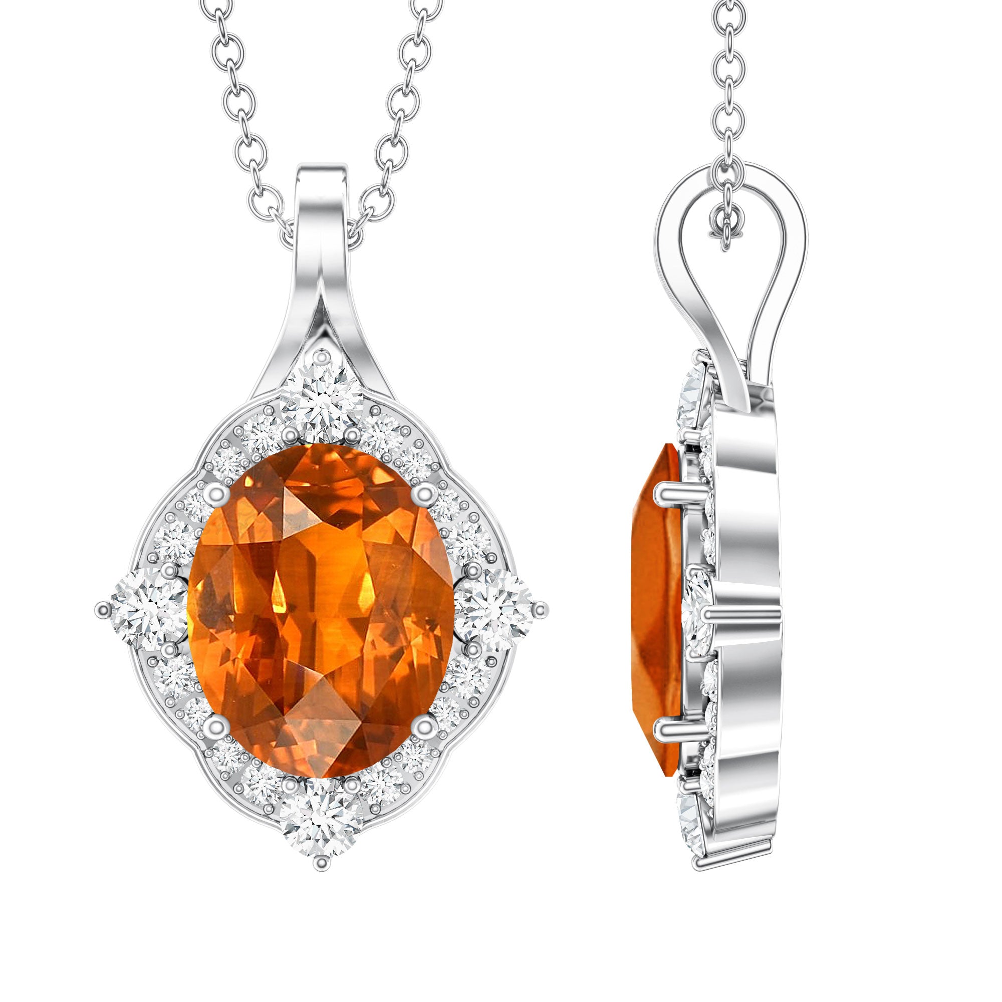 Vintage Looking 4 Carat Created Orange Sapphire Oval Pendant with Diamond Halo AAAA - Rosec Jewels