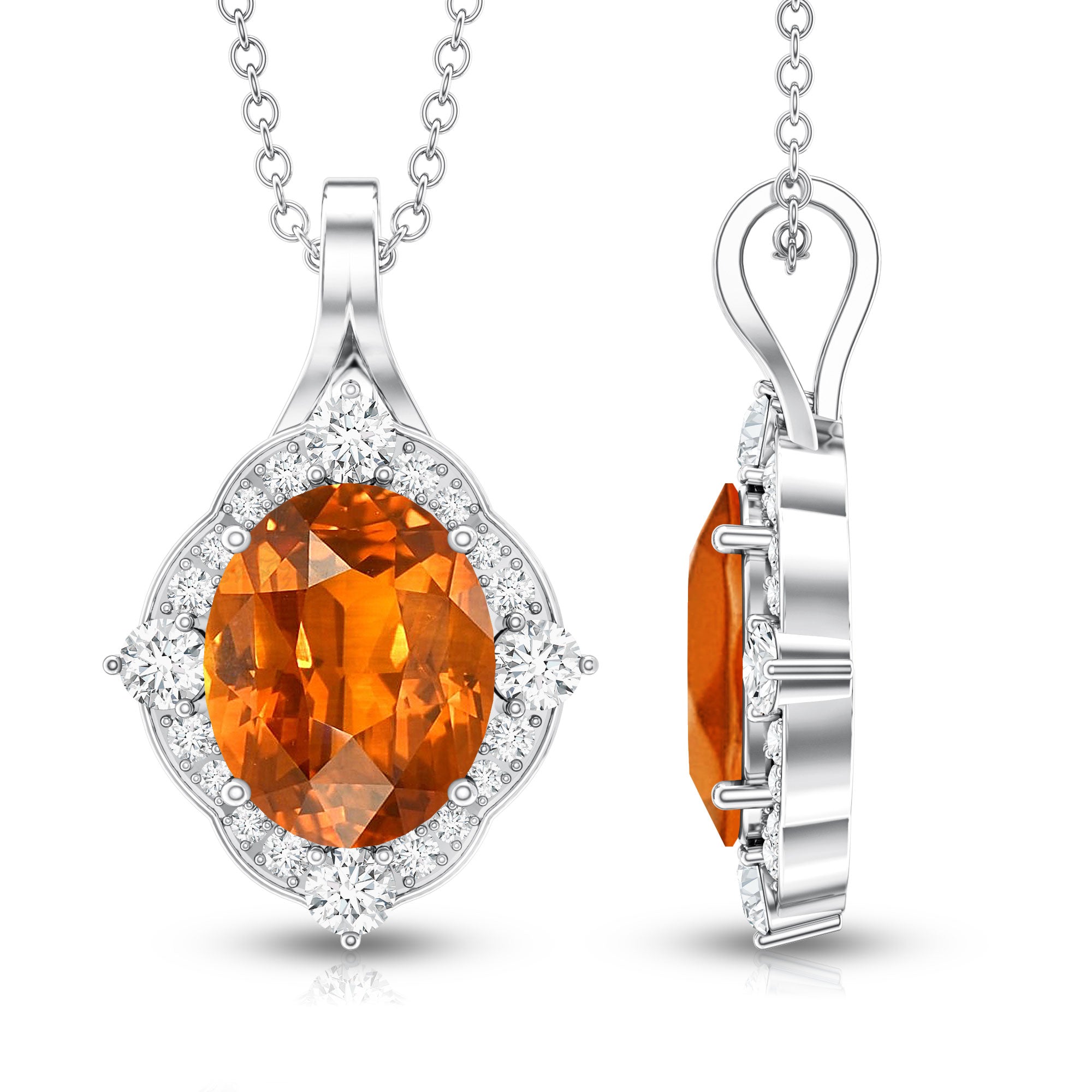 Vintage Looking 4 Carat Created Orange Sapphire Oval Pendant with Diamond Halo AAAA - Rosec Jewels