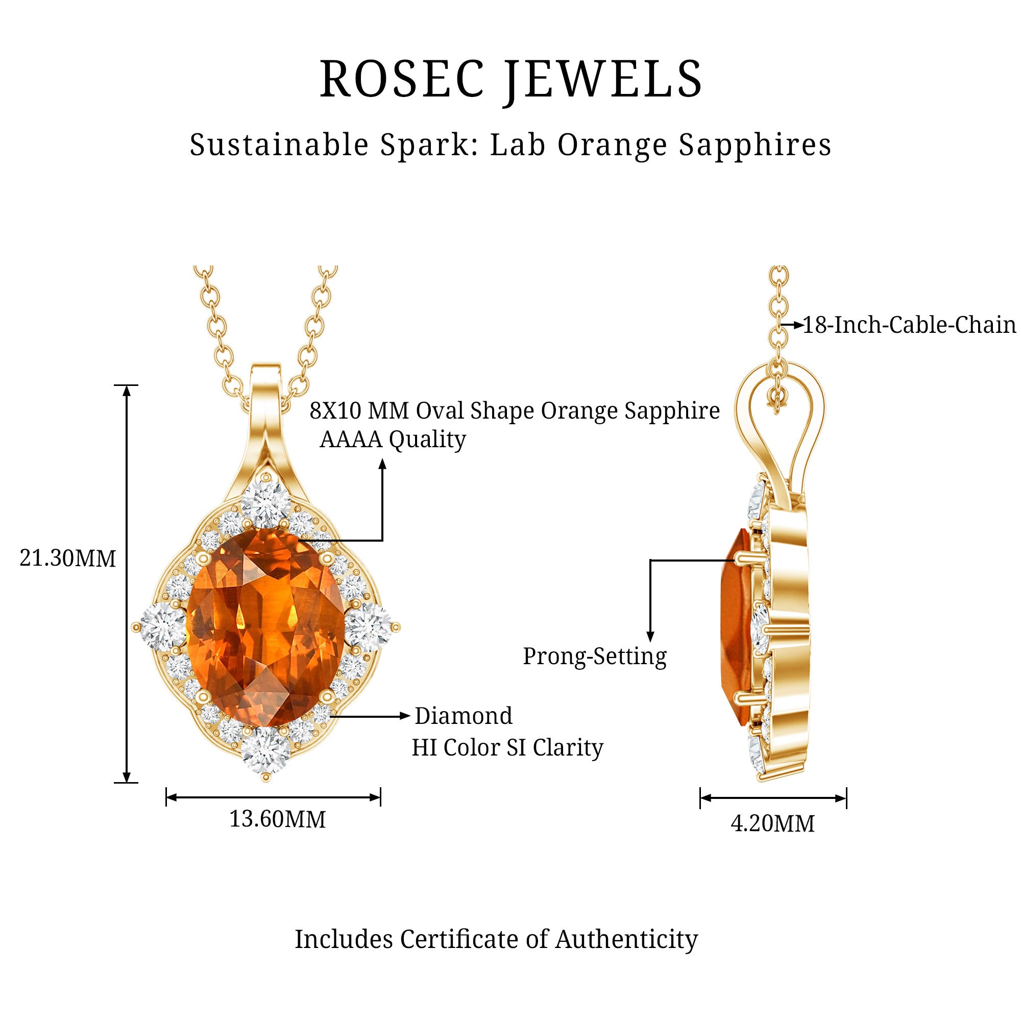 Vintage Looking 4 Carat Created Orange Sapphire Oval Pendant with Diamond Halo AAAA - Rosec Jewels