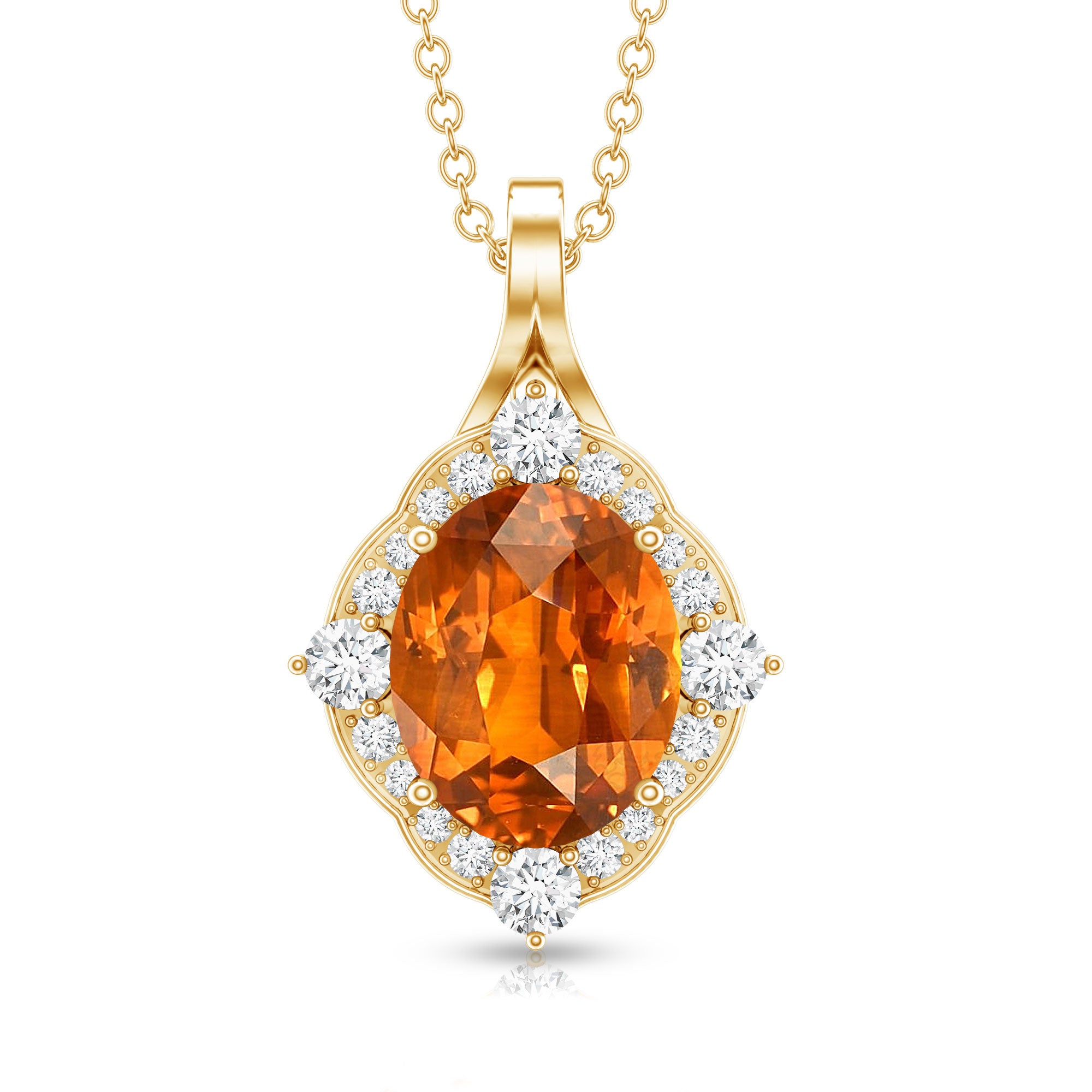Vintage Looking 4 Carat Created Orange Sapphire Oval Pendant with Diamond Halo AAAA - Rosec Jewels