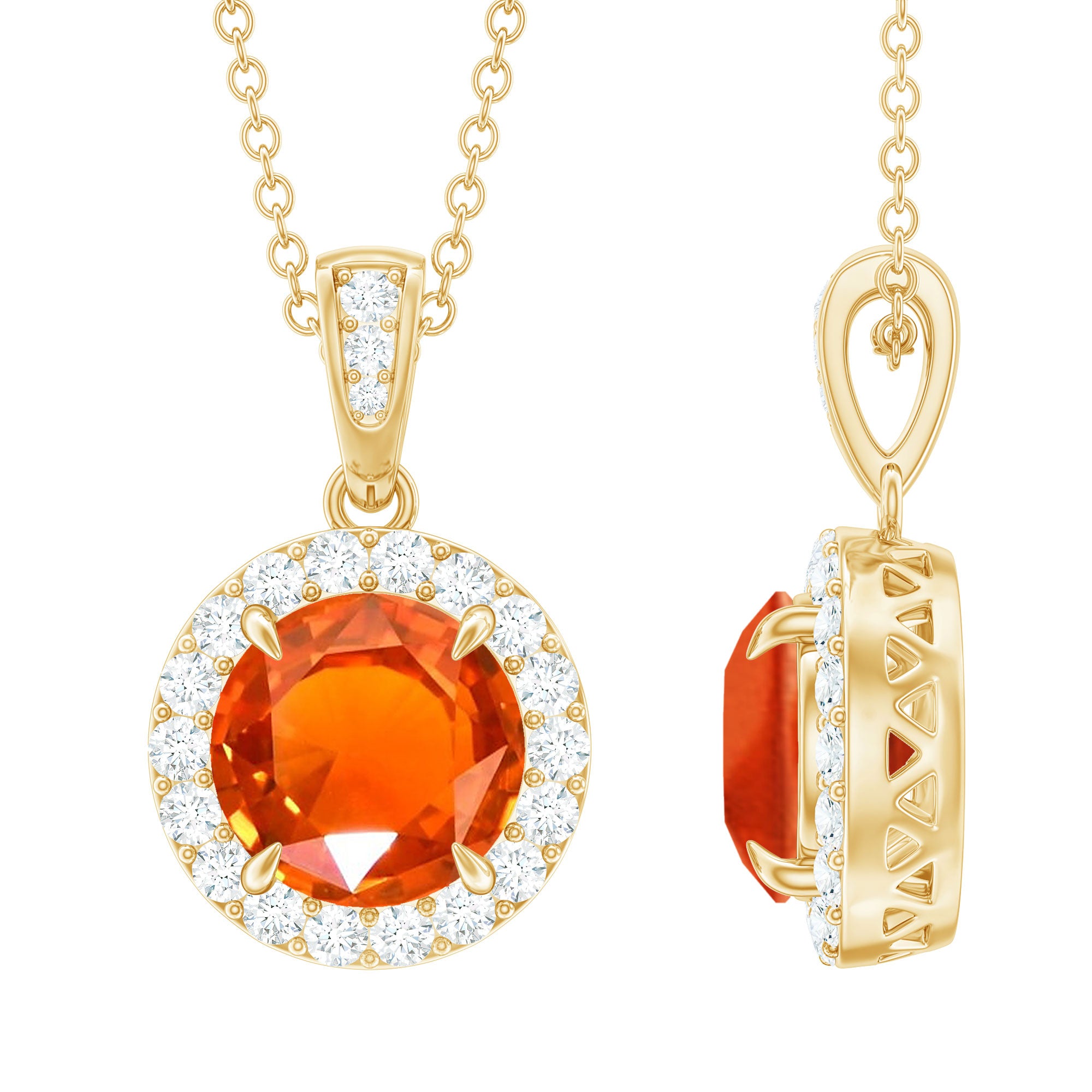 Created Orange Sapphire Pendant Necklace with Diamond Halo AAAA - Rosec Jewels