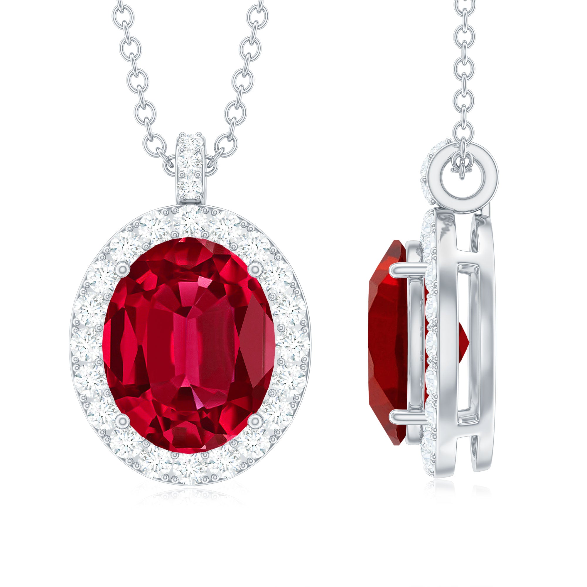 4 Carat Lab Created Ruby and Diamond Bridal Necklace with Chain AAAA - Rosec Jewels