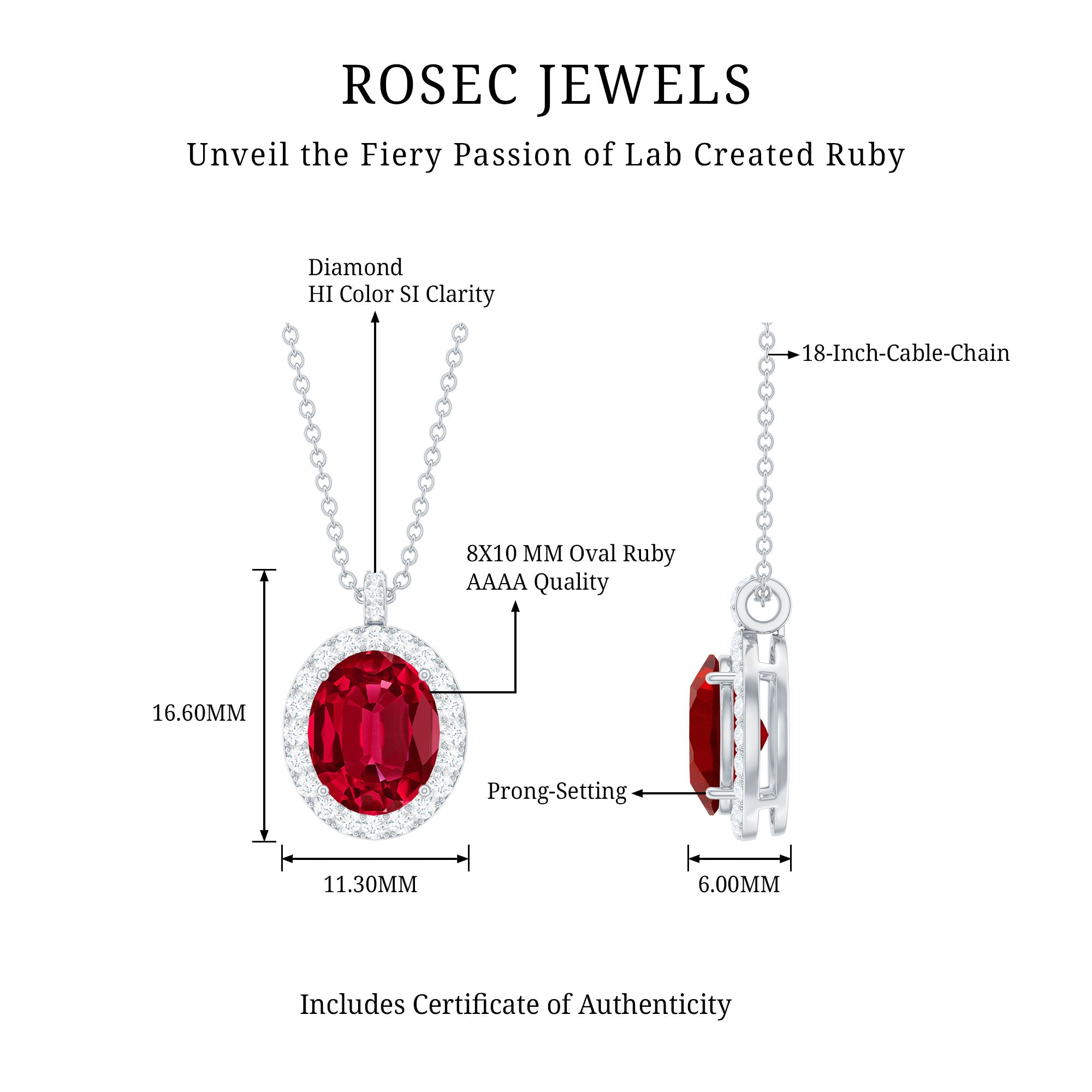 4 Carat Lab Created Ruby and Diamond Bridal Necklace with Chain AAAA - Rosec Jewels