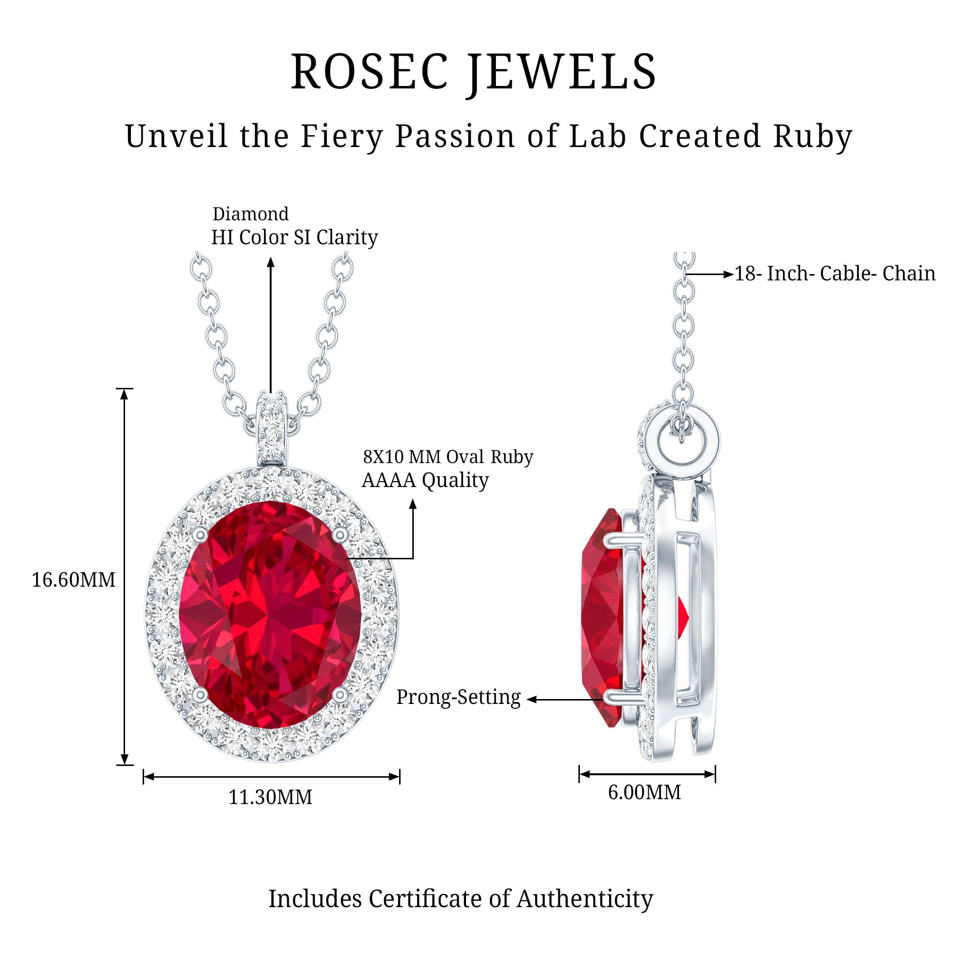 4 Carat Lab Created Ruby and Diamond Bridal Necklace with Chain AAAA - Rosec Jewels