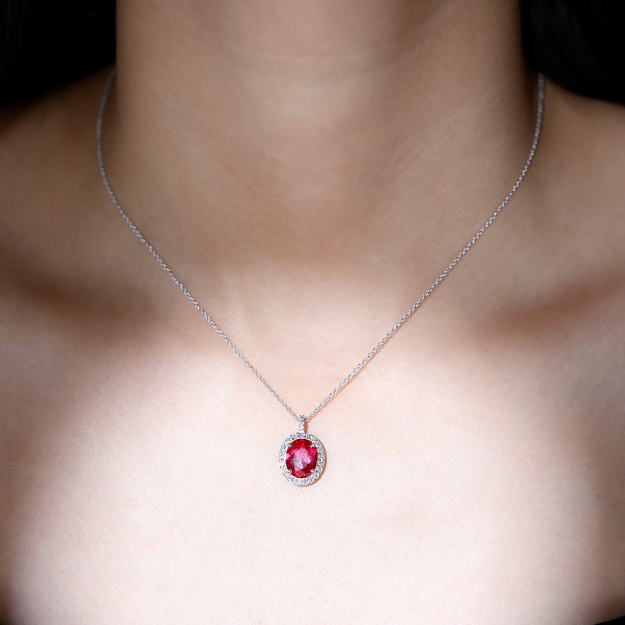 4 Carat Lab Created Ruby and Diamond Bridal Necklace with Chain AAAA - Rosec Jewels