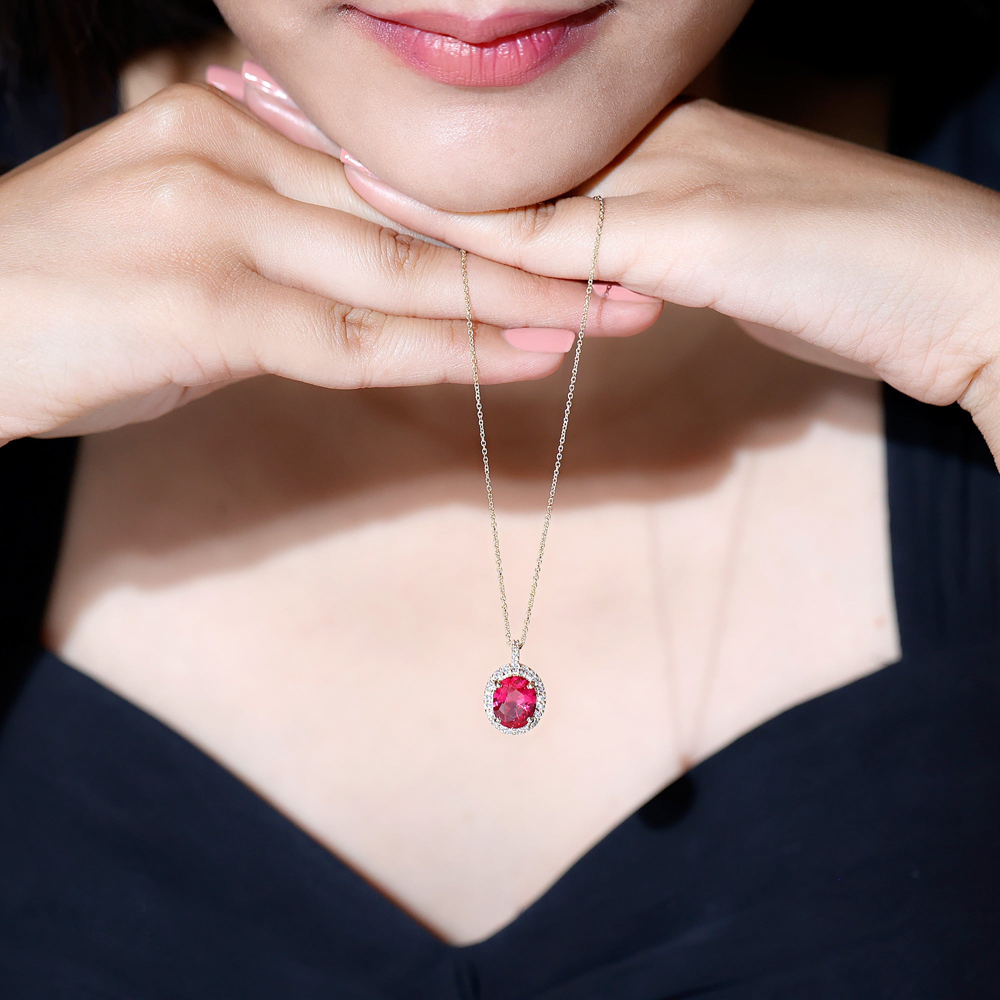 4 Carat Lab Created Ruby and Diamond Bridal Necklace with Chain AAAA - Rosec Jewels