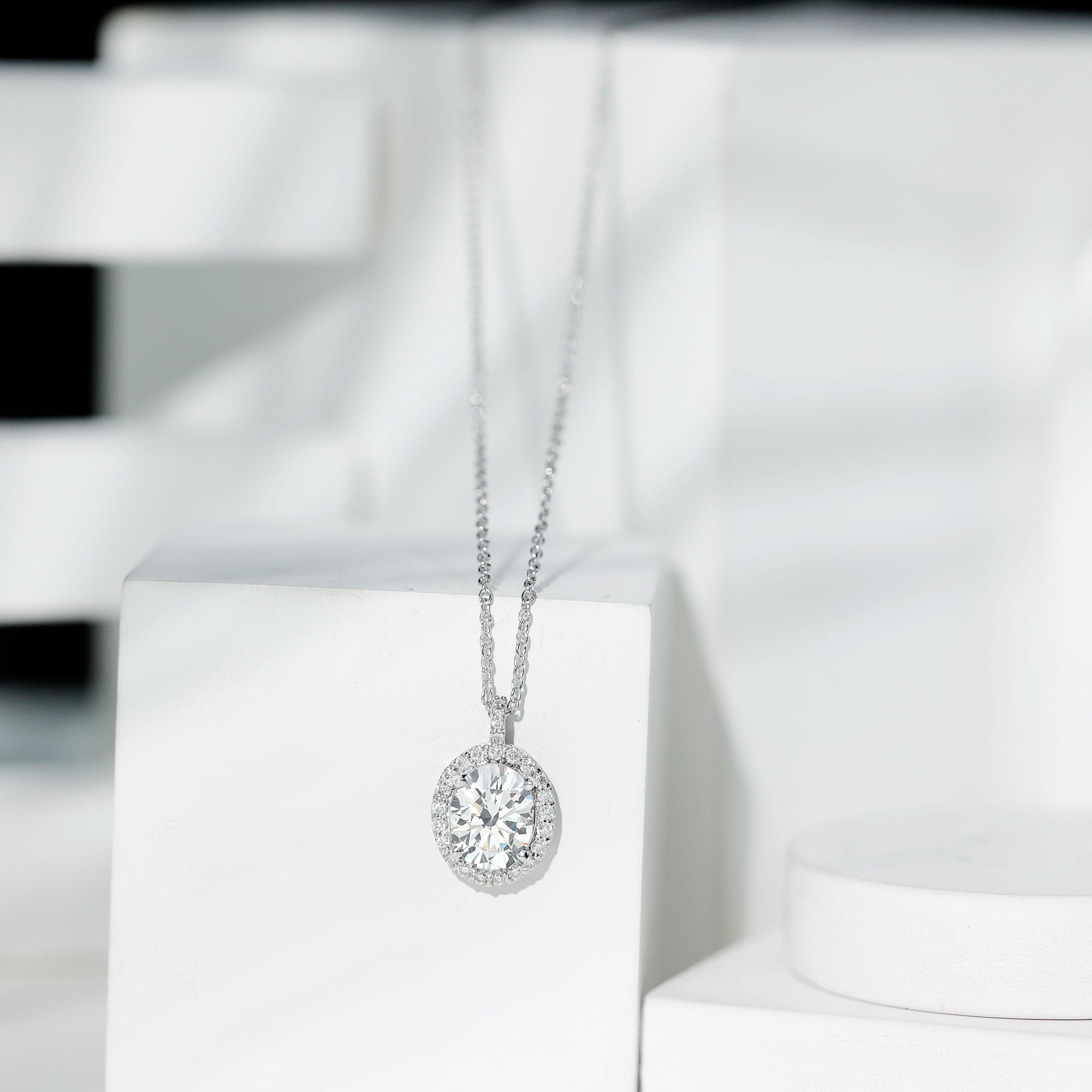 Oval Simulated Diamond Cocktail Halo Pendant AAAAA - Rosec Jewels