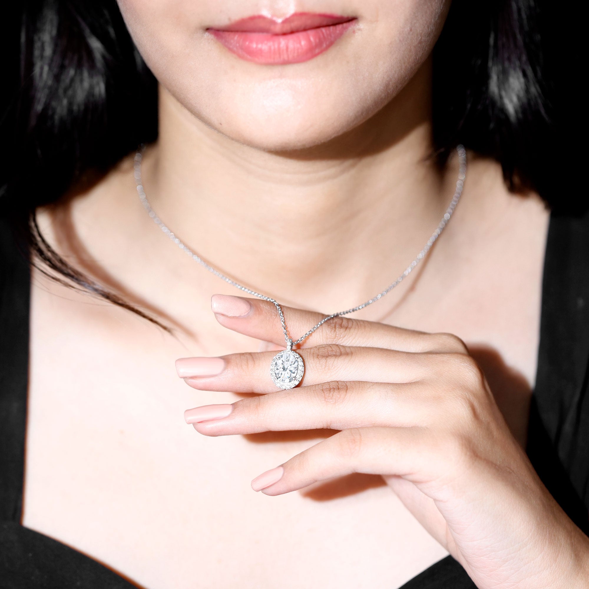 Oval Simulated Diamond Cocktail Halo Pendant AAAAA - Rosec Jewels