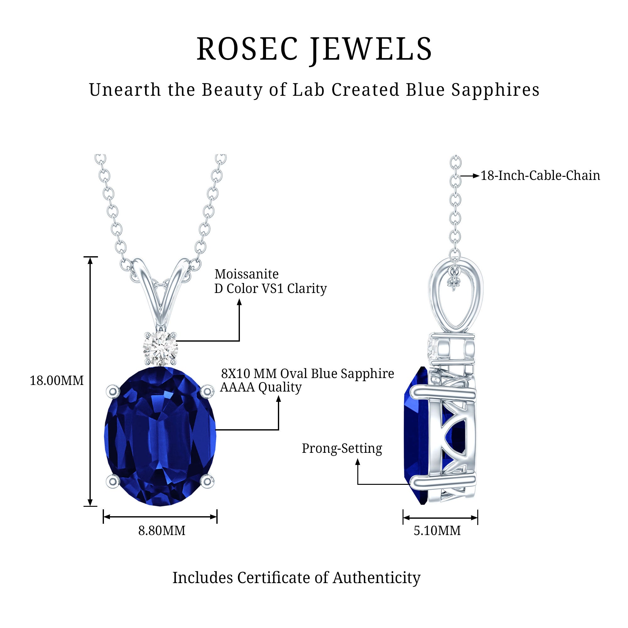 Certified Oval Lab Created Blue Sapphire Necklace with Chain AAAA - Rosec Jewels
