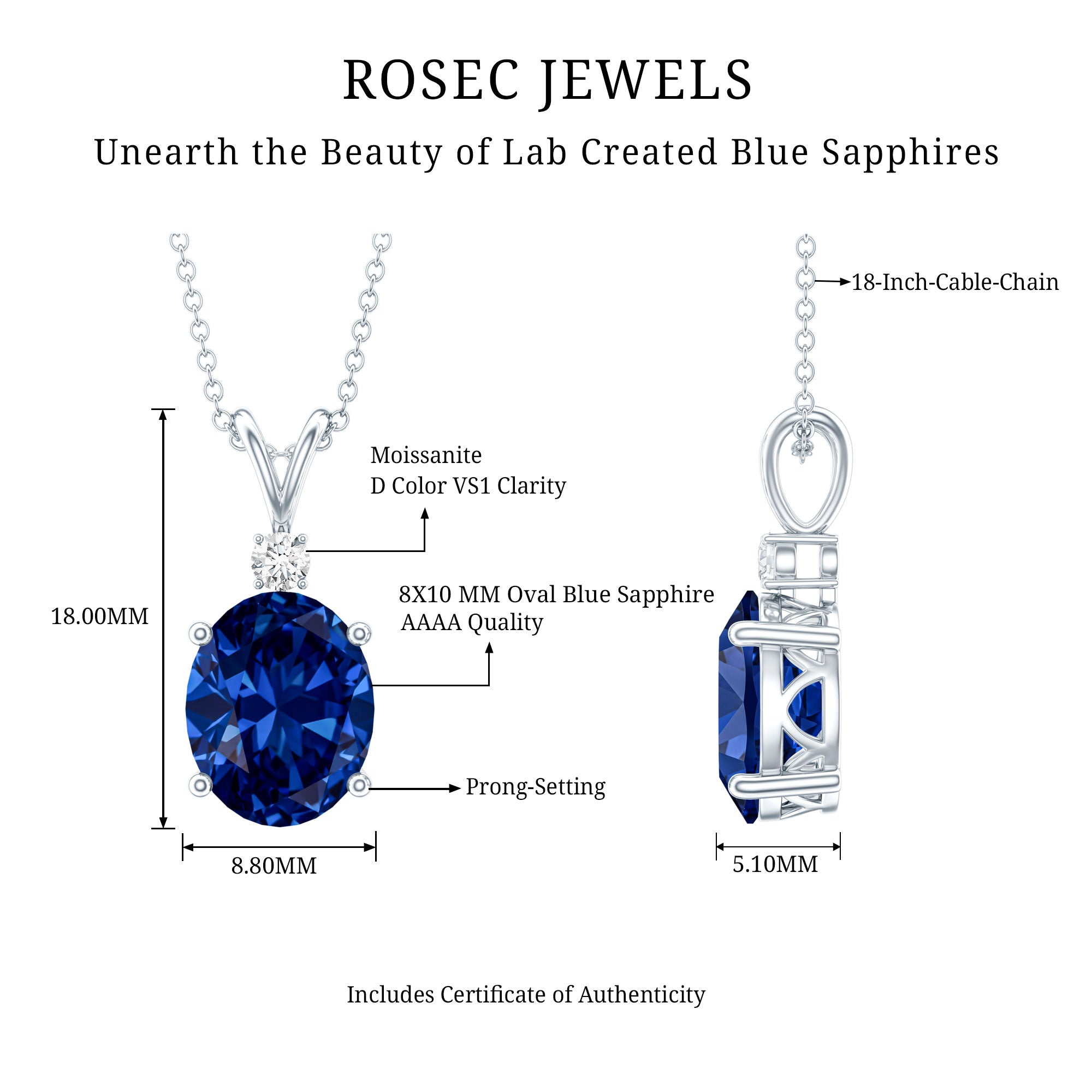 Certified Oval Lab Created Blue Sapphire Necklace with Chain AAAA - Rosec Jewels