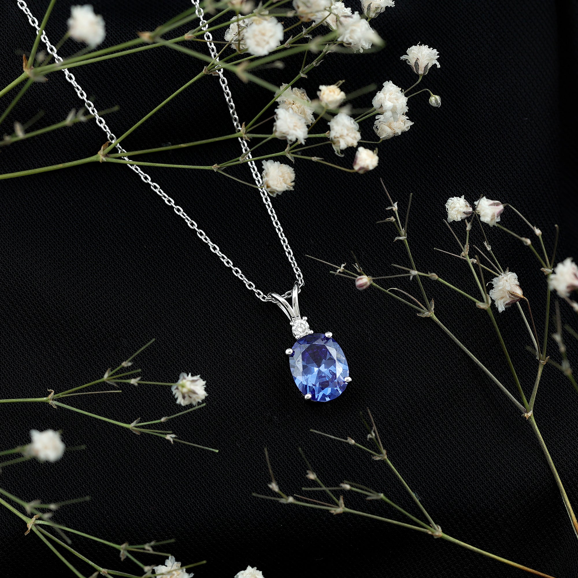 Certified Oval Lab Created Blue Sapphire Necklace with Chain AAAA - Rosec Jewels