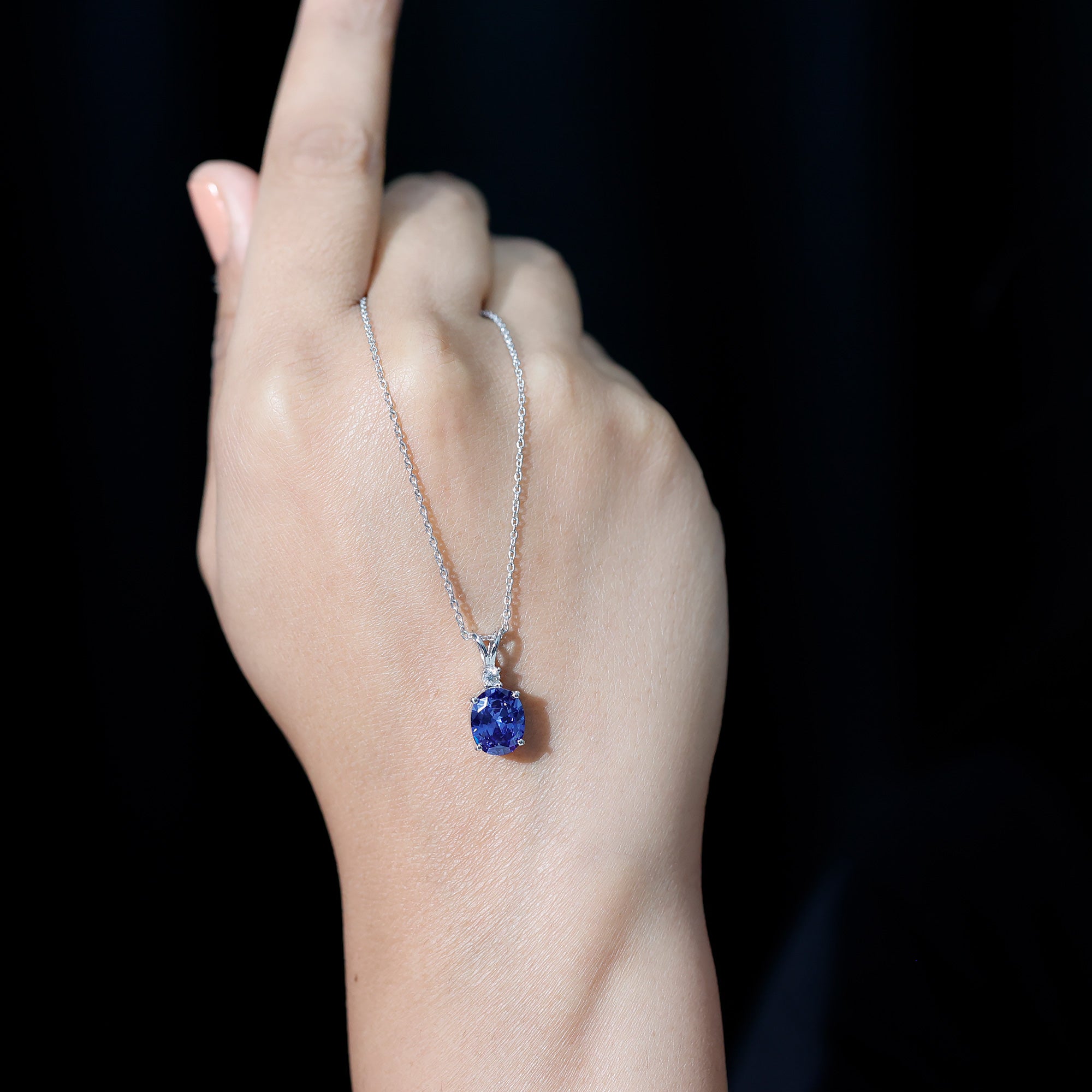 Certified Oval Lab Created Blue Sapphire Necklace with Chain AAAA - Rosec Jewels