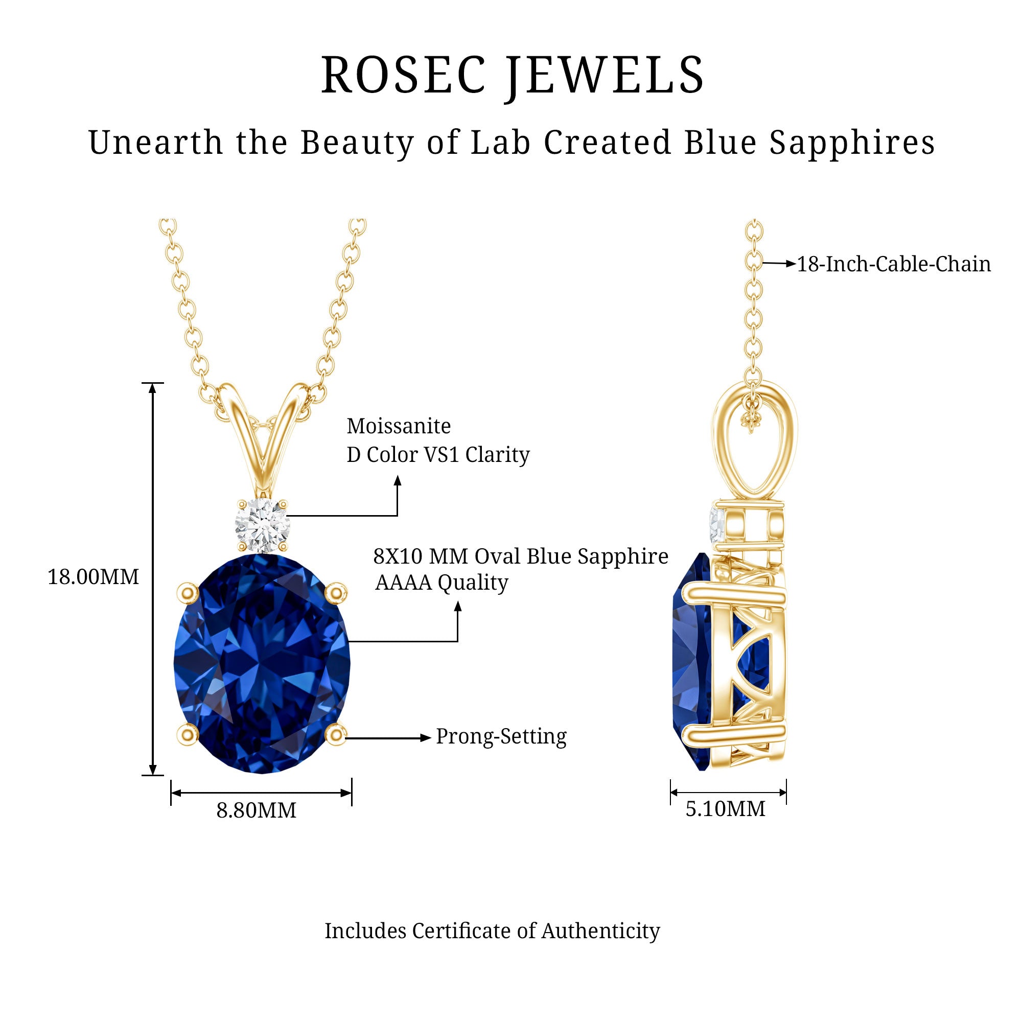 Certified Oval Lab Created Blue Sapphire Necklace with Chain AAAA - Rosec Jewels