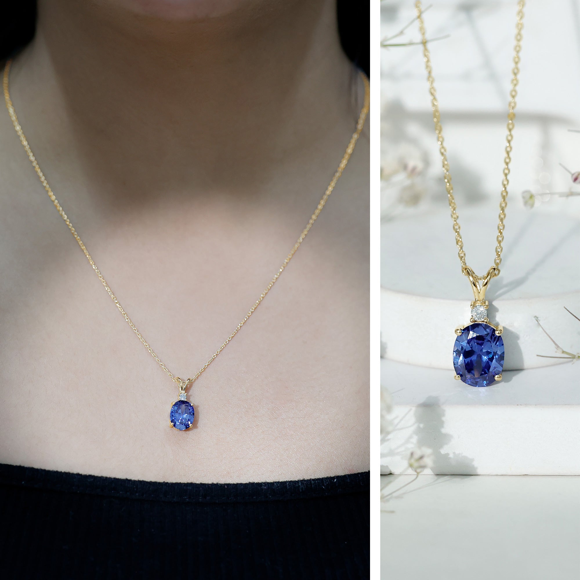 Certified Oval Lab Created Blue Sapphire Necklace with Chain AAAA - Rosec Jewels