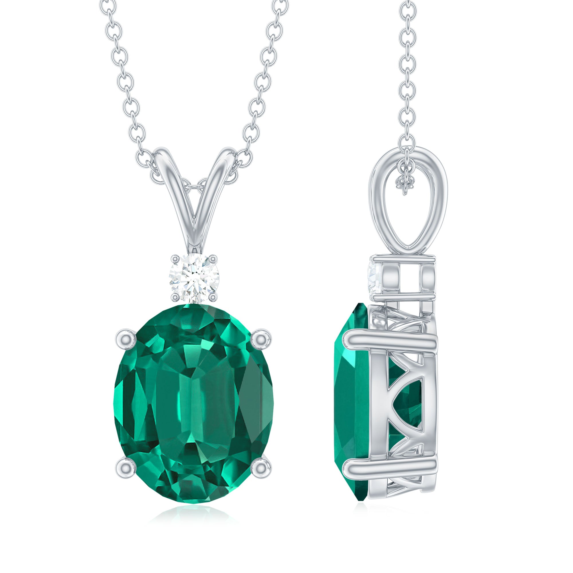 Oval Created Emerald and Moissanite Solitaire Pendant