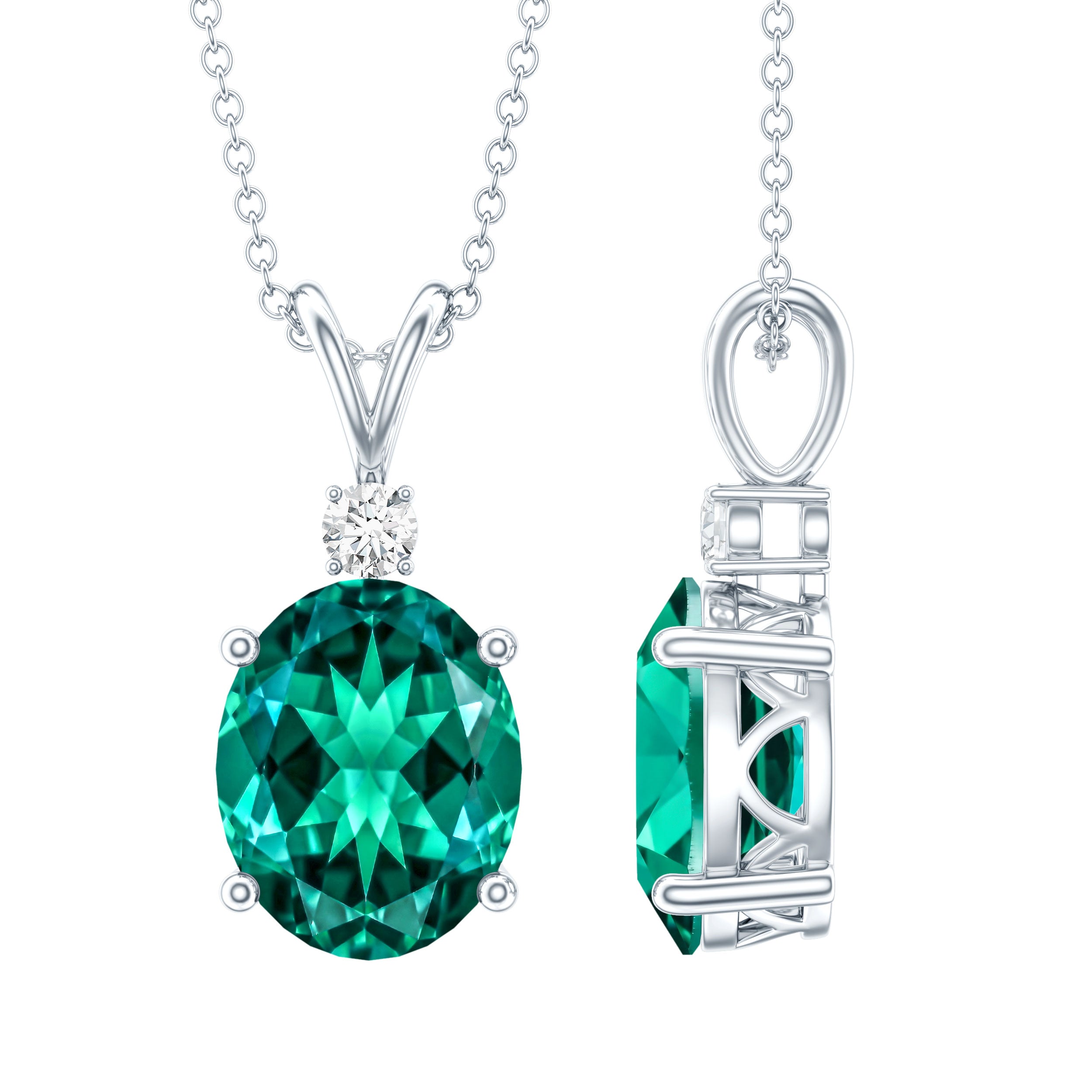 Oval Created Emerald and Moissanite Solitaire Pendant AAAA - Rosec Jewels