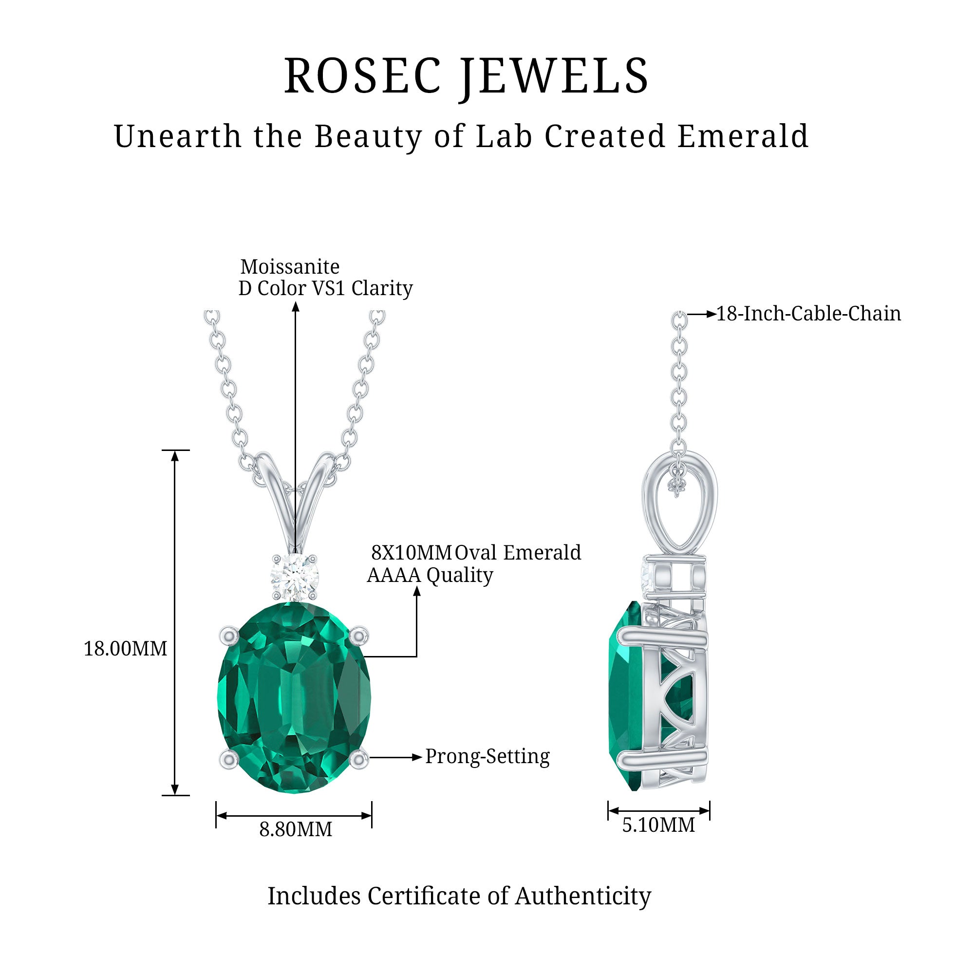 Oval Created Emerald and Moissanite Solitaire Pendant AAAA - Rosec Jewels